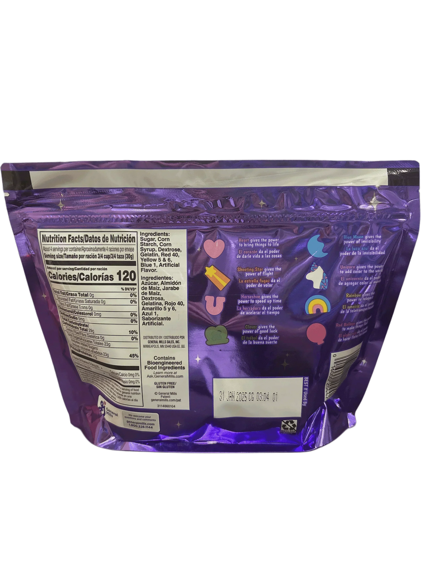 Back of purple snack bag with nutrition facts, ingredients, and colorful marshmallow shapes