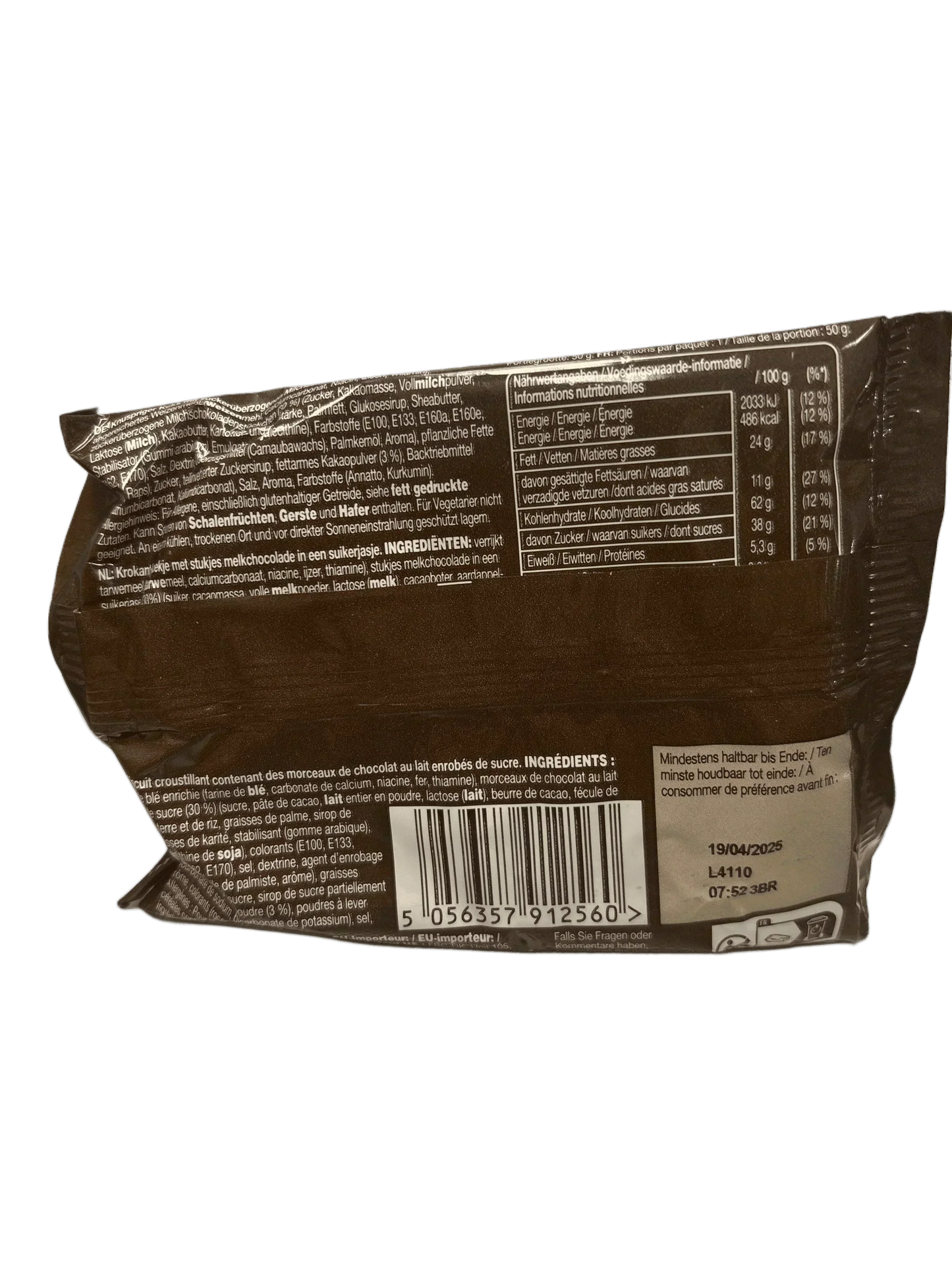 Back of chocolate snack package with nutrition facts, ingredients, and barcode visible