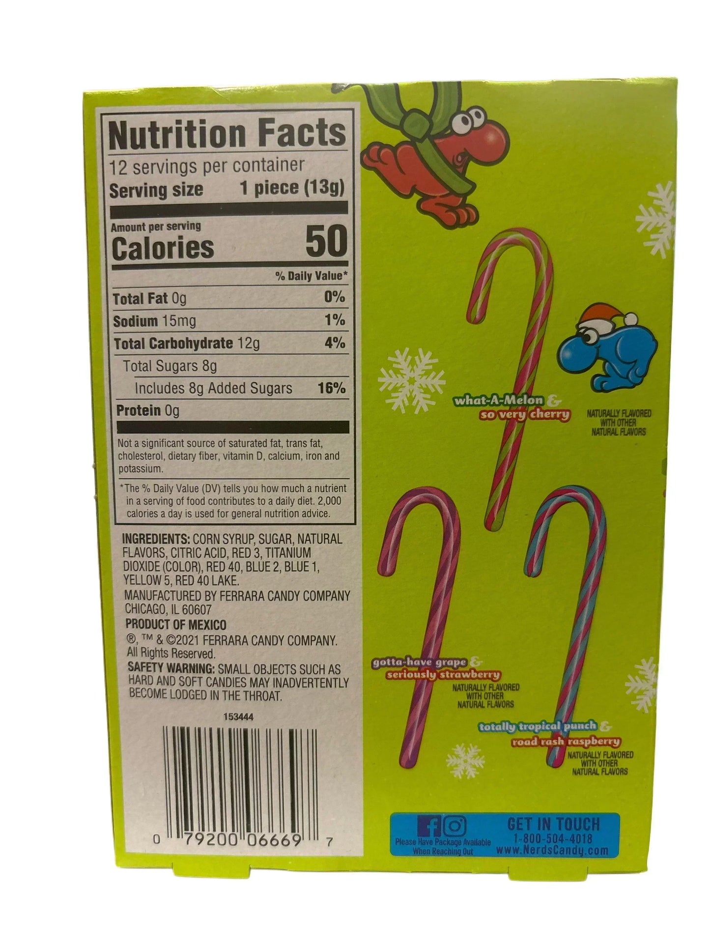 Box back with candy cane flavors, nutrition facts, and cartoon candy characters