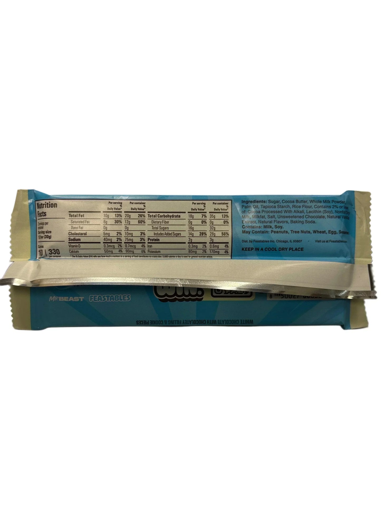 Back of snack bar showing nutrition facts and ingredients, blue packaging, exotic candy