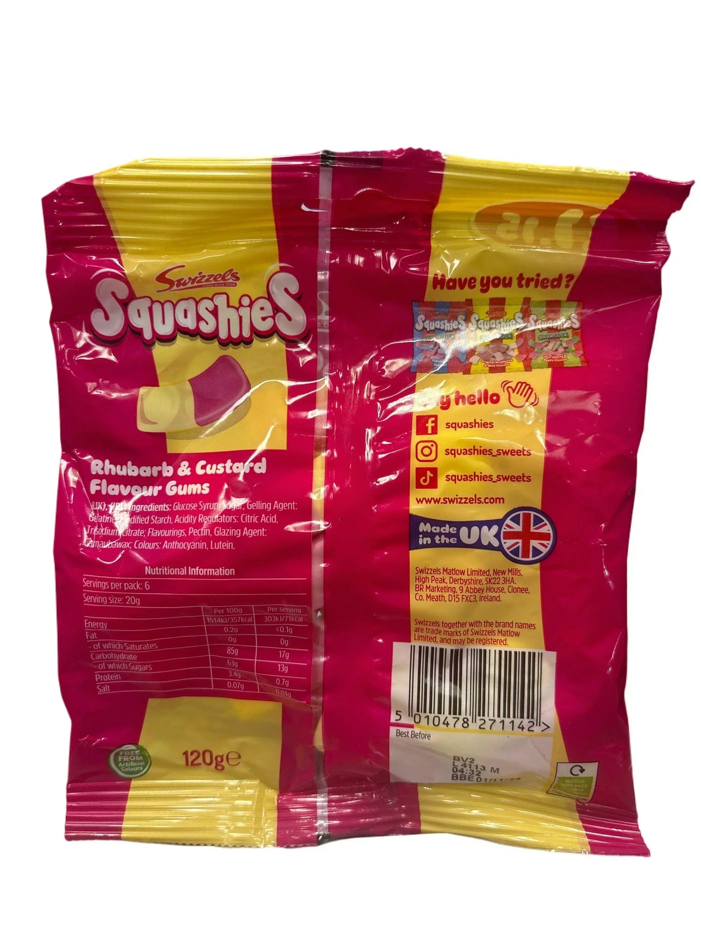 Back of Swizzels Squashies Rhubarb and Custard Flavour Gums candy pack, 120g, pink and yellow packaging, UK import.