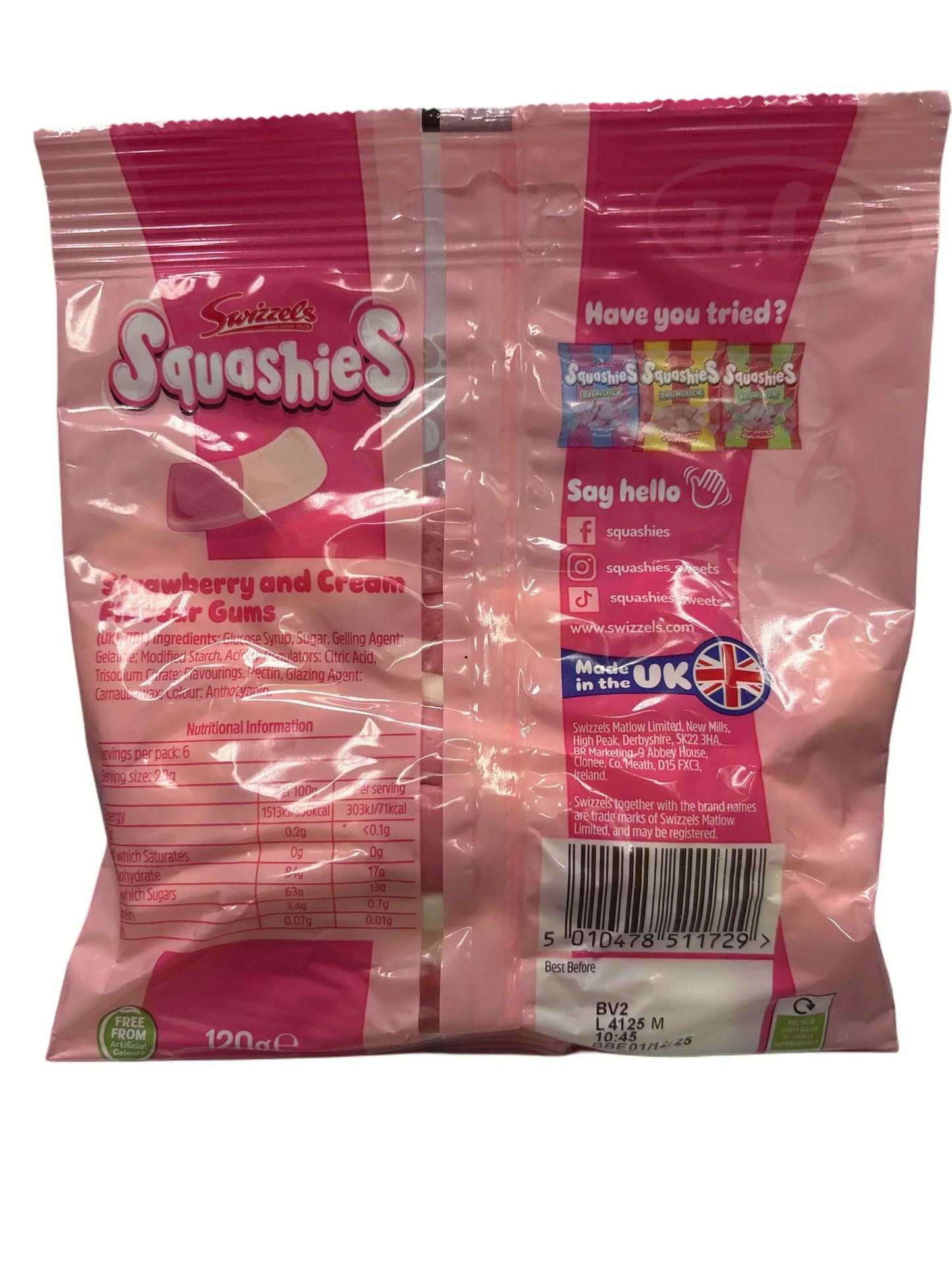 Back of Swizzels Squashies strawberry and cream gummy candy bag, pink packaging, UK import.