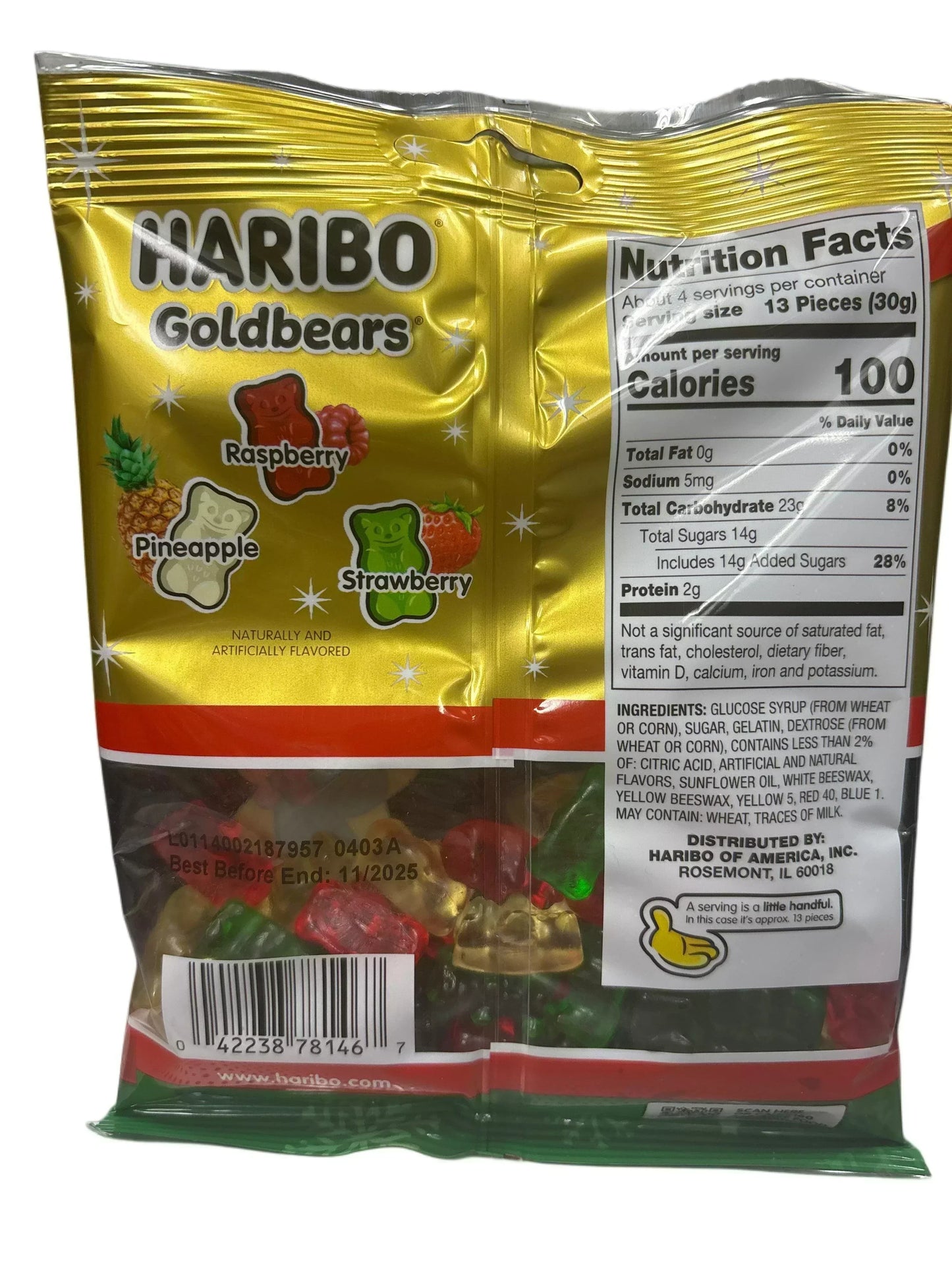 Back of Haribo Goldbears gummy candy bag showing nutrition facts and fruity flavors.