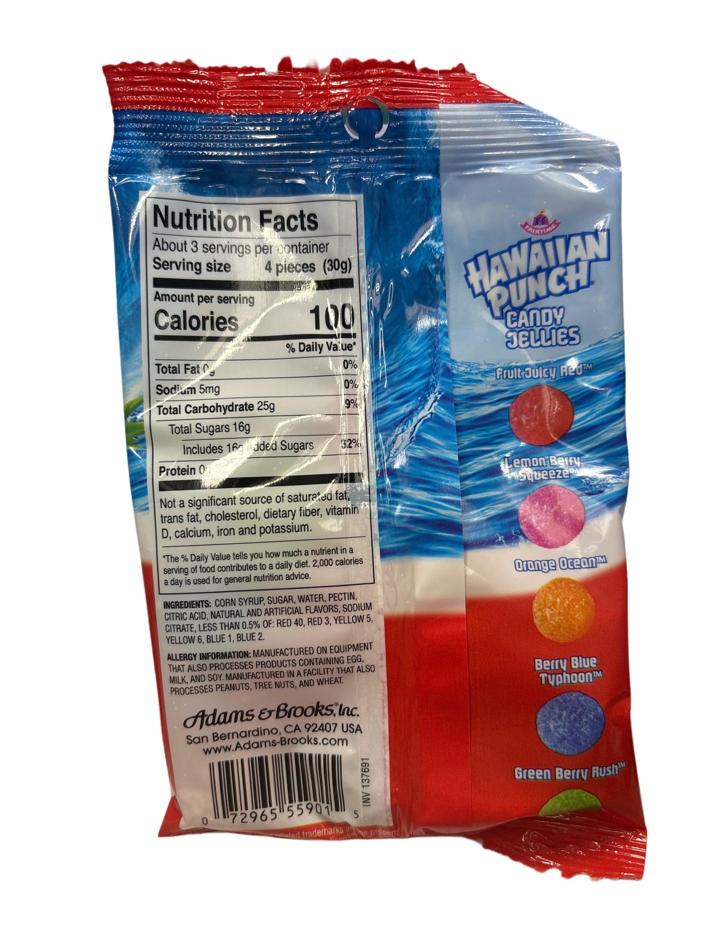 Back of Hawaiian Punch Candy Jellies package showing nutrition facts and flavor list