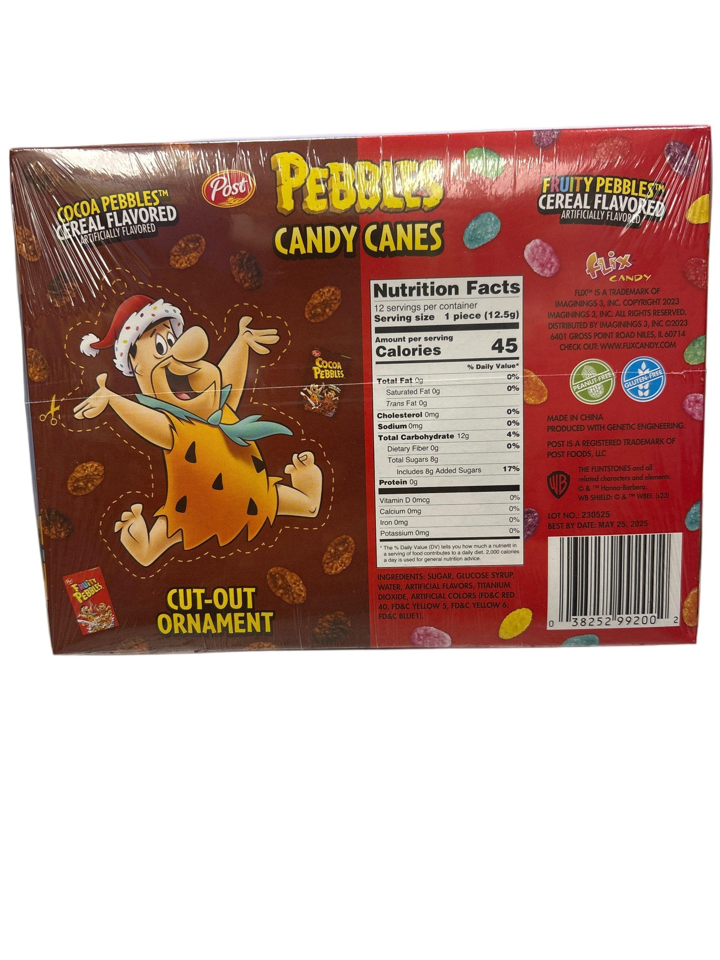 Pebbles candy canes box featuring Fred Flintstone, nutrition facts, and cereal-themed design