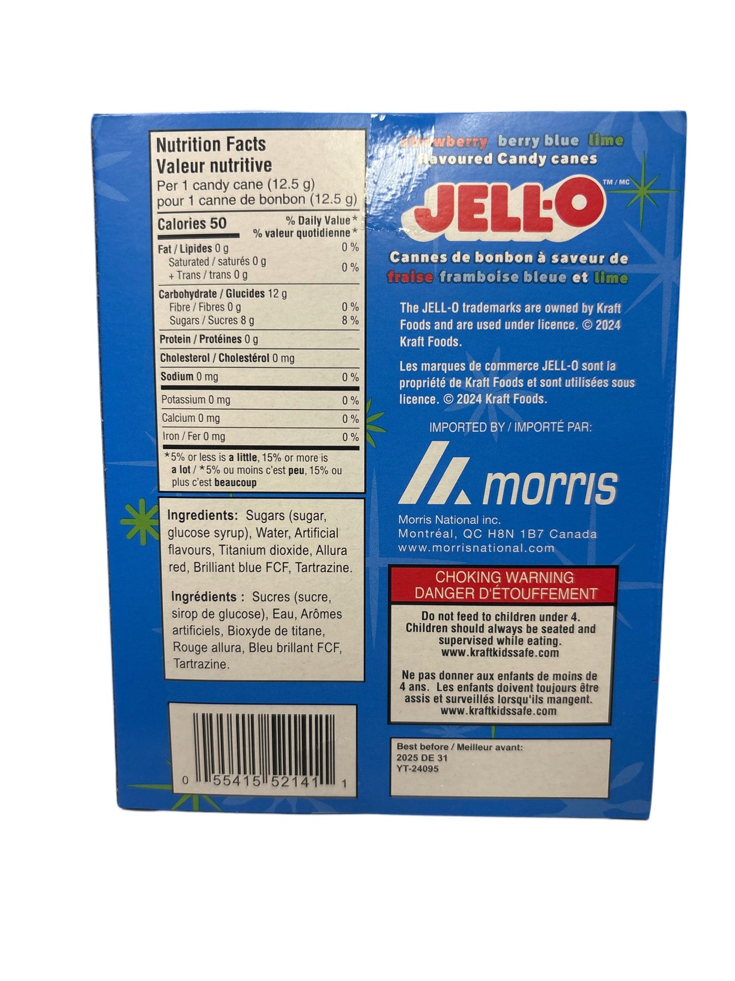 Back of Jell-O flavoured candy canes box with nutrition facts, ingredients, and choking warning.