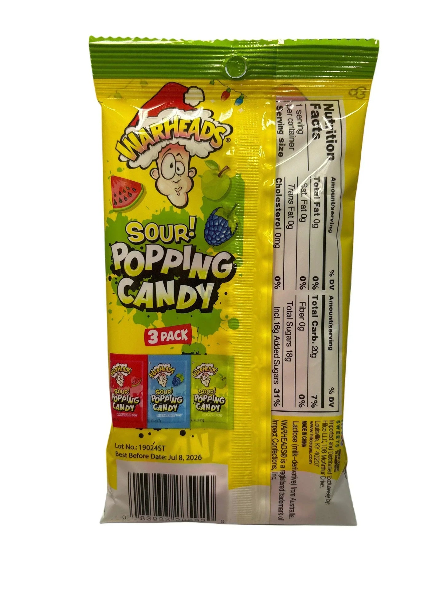 Warheads Sour Popping Candy 3 pack exotic snack with nutrition facts, yellow package
