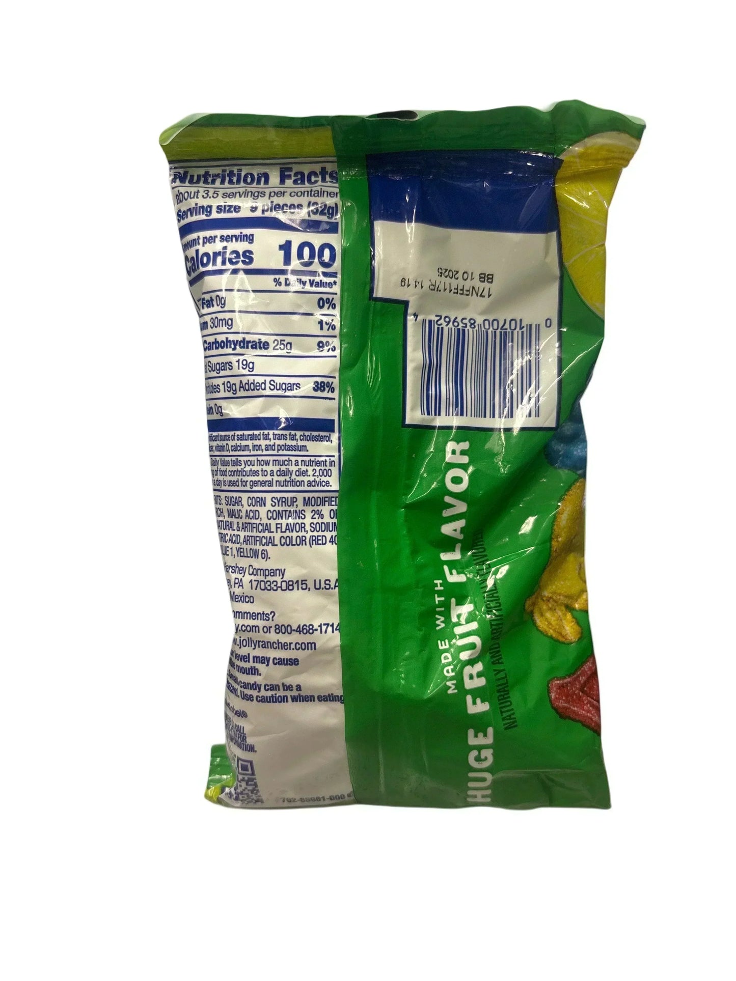 Back of exotic fruit-flavored candy bag showing nutrition facts and barcode