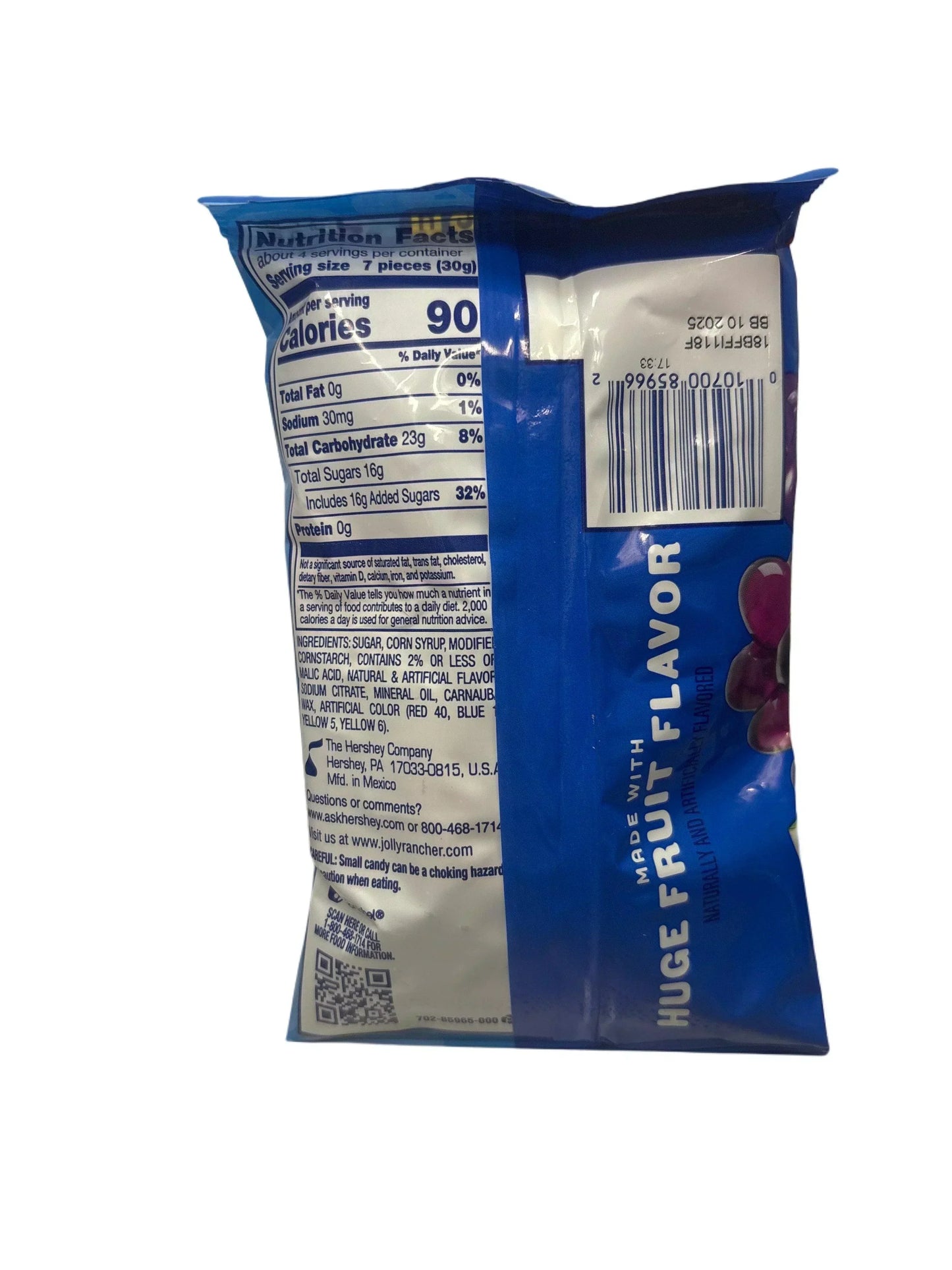 Back of exotic imported candy bag showing nutrition facts and ingredients, blue packaging