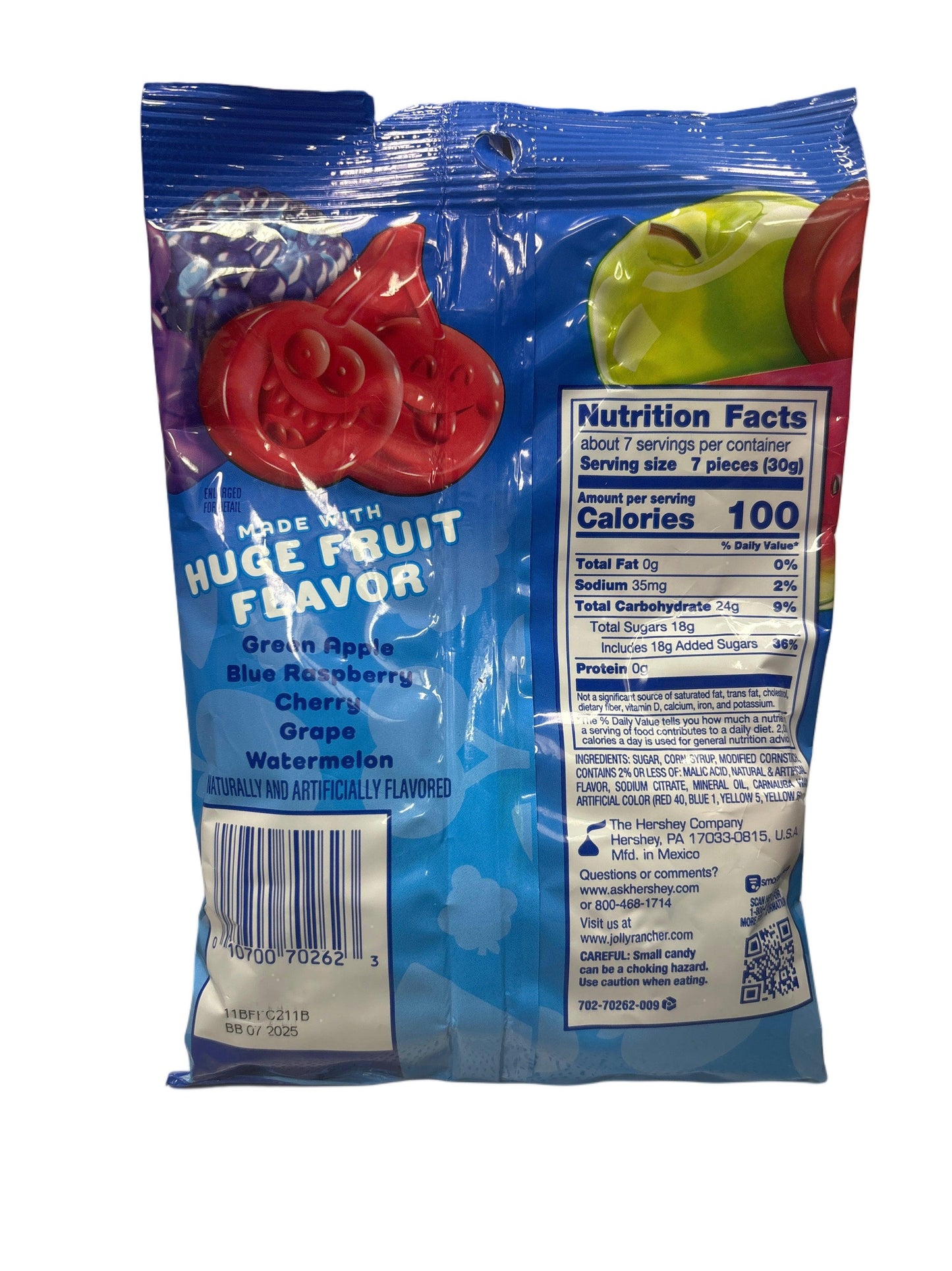 Back of assorted fruit flavor chewy candy bag with nutrition facts and ingredients