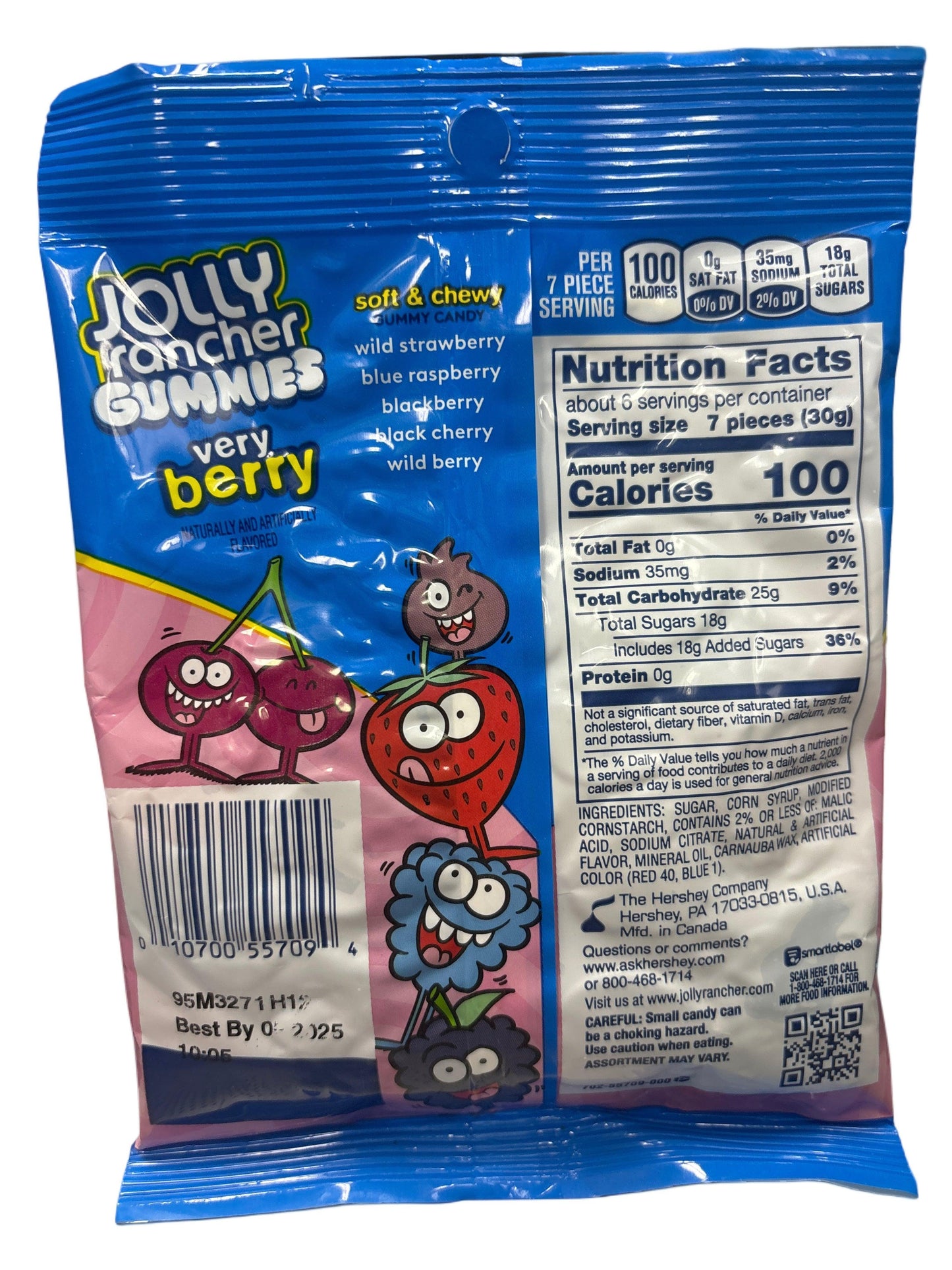Back of Jolly Rancher Gummies Very Berry candy bag with nutrition facts and cartoon berries