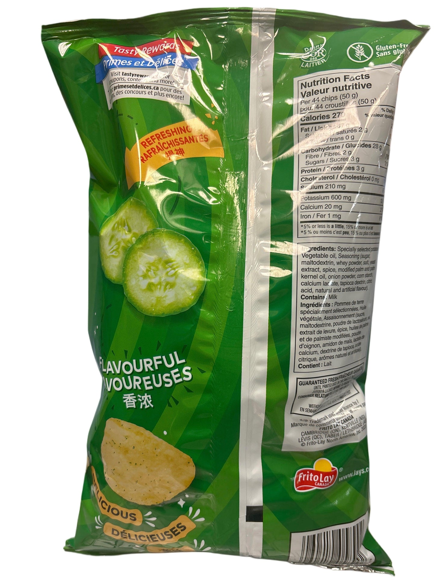 Back of green cucumber-flavored potato chips bag with nutrition facts and gluten-free label