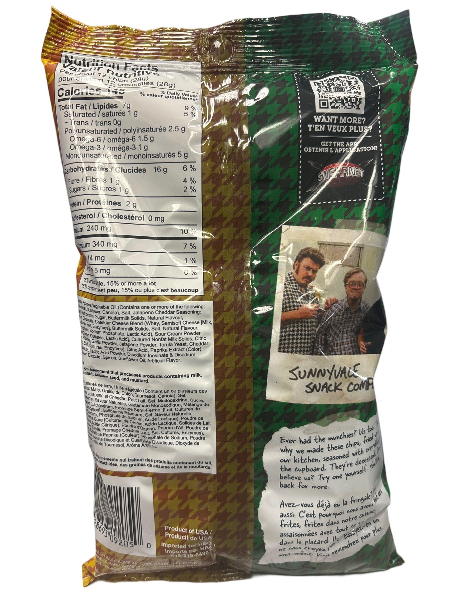 Back of exotic snack bag showing nutrition facts, ingredients, and product description