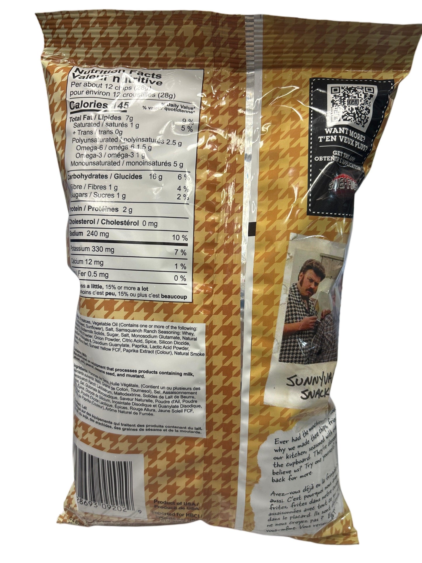 Back of exotic snack bag showing nutrition facts, ingredients, and houndstooth design