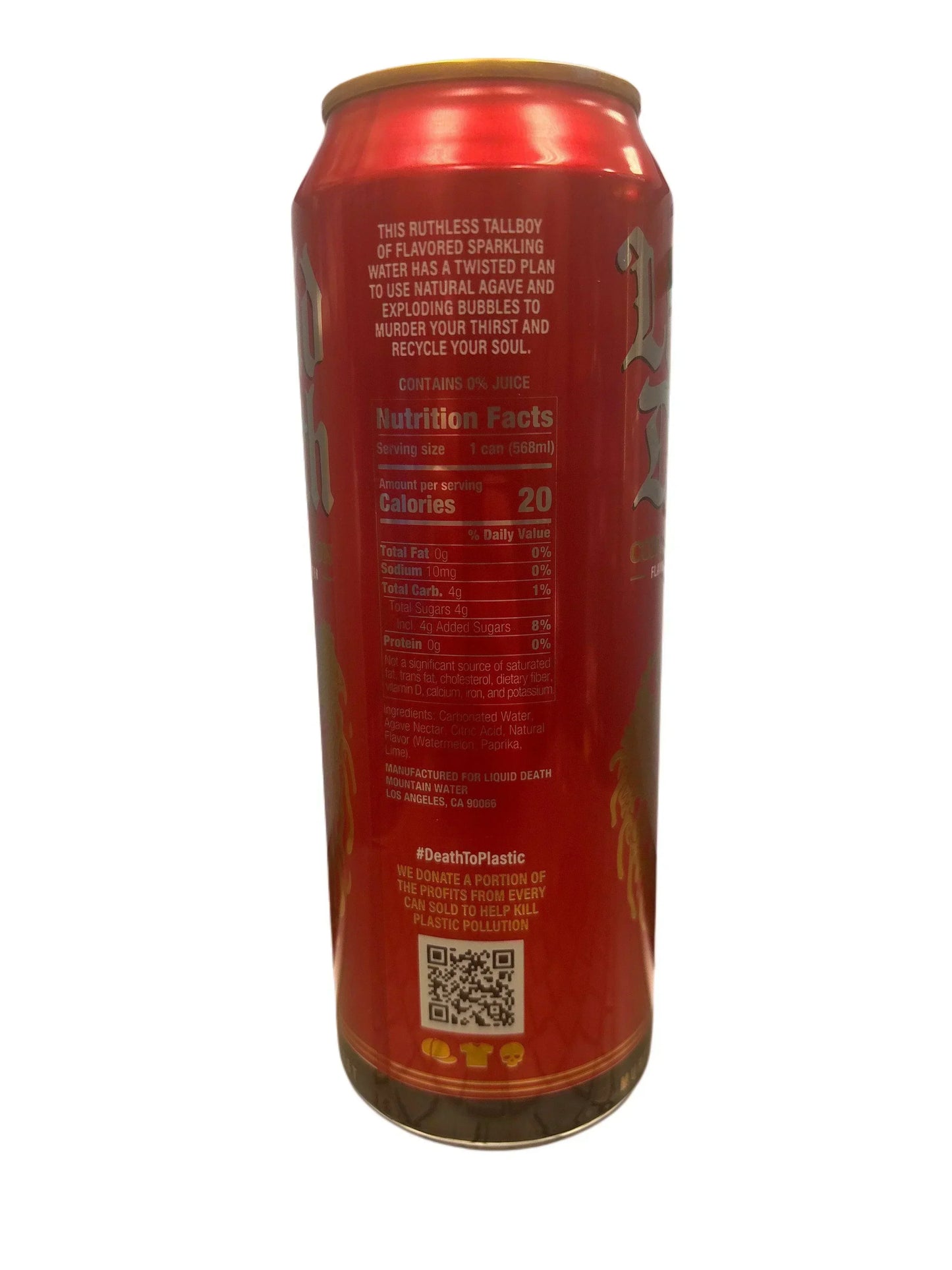 Red flavored sparkling water tall can with nutrition facts, exotic drink import.