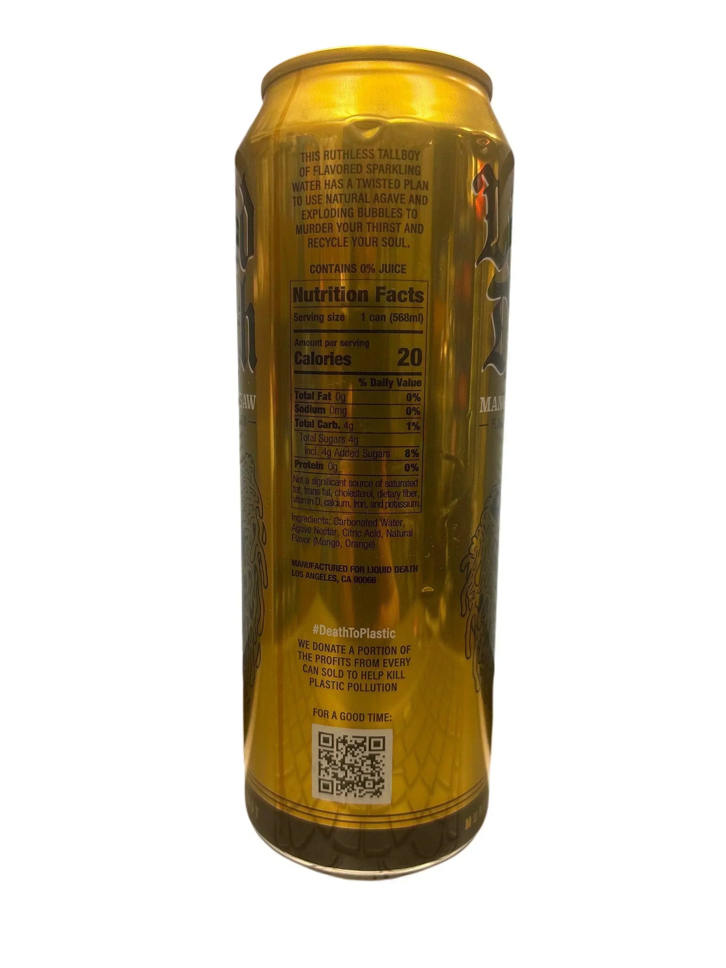 Back of gold sparkling water can with nutrition facts, ingredients and QR code visible