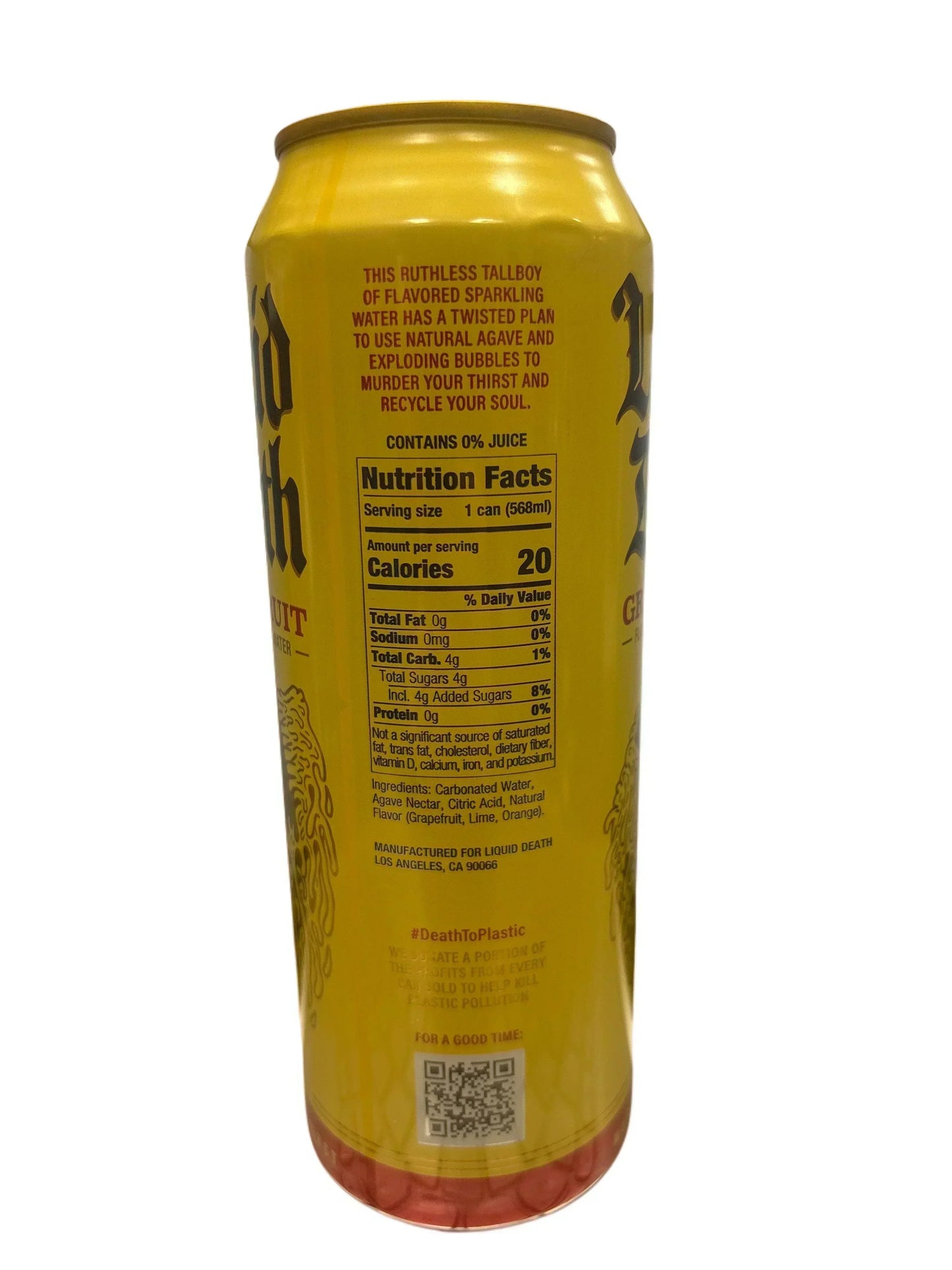 Yellow tall can of flavored sparkling water with nutrition facts and agave ingredients visible