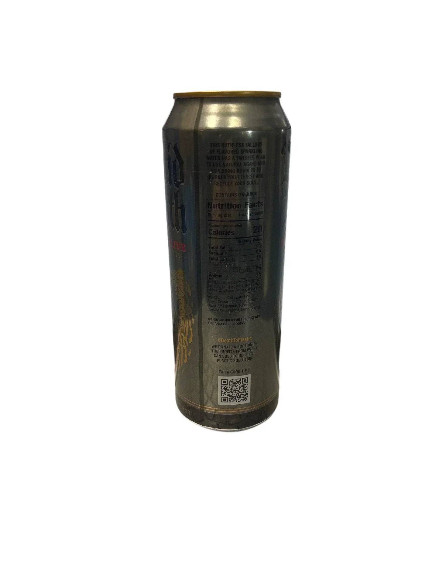 Tall can of exotic sparkling drink with detailed gold design and nutrition facts label