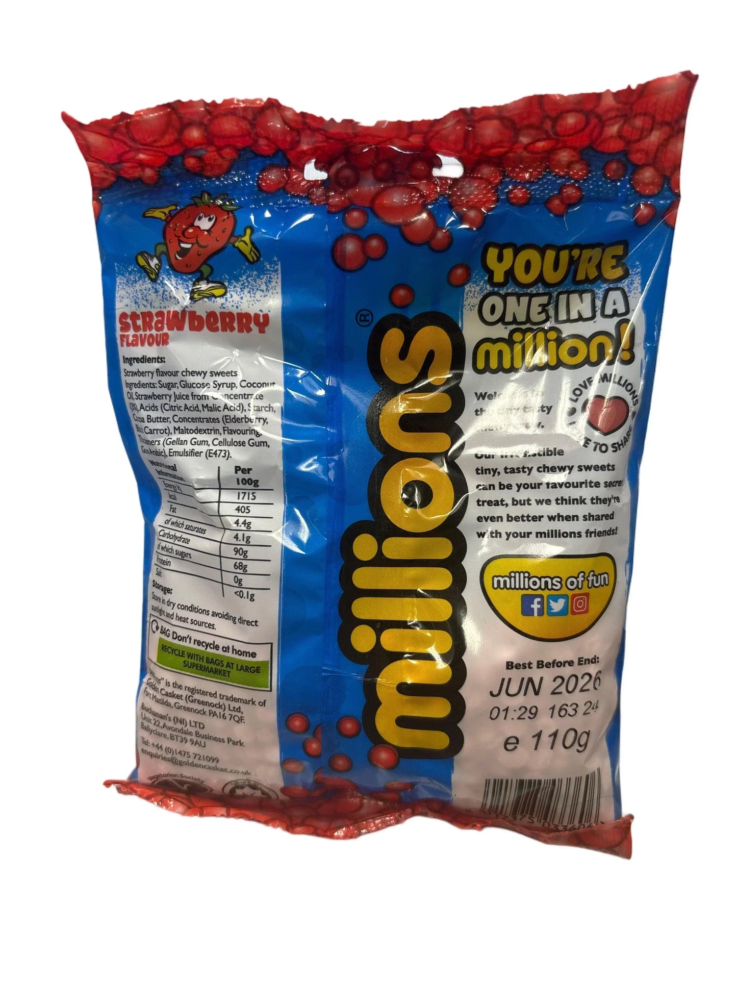 Back of Millions strawberry flavour chewy sweets bag, 110g, with ingredients and nutrition info