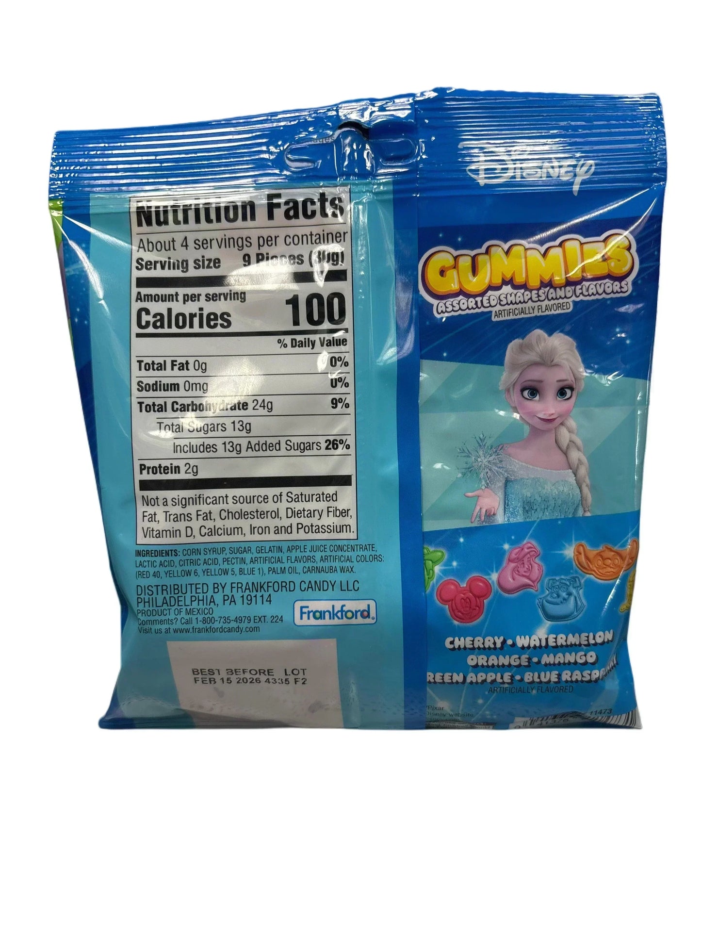 Back of Disney-themed assorted gummies candy pack with nutrition facts and cartoon character design