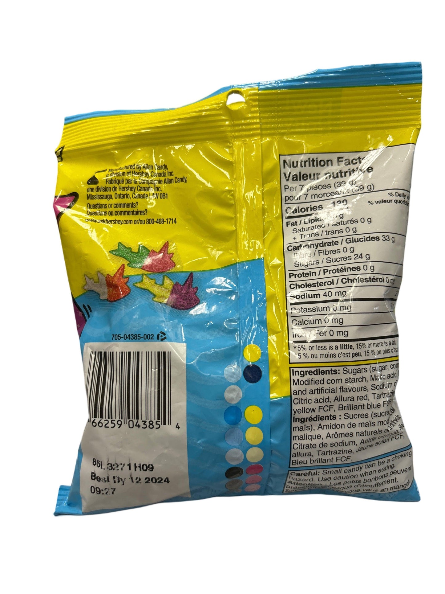 Back of a colorful imported candy bag showing nutrition facts, ingredients, and barcode