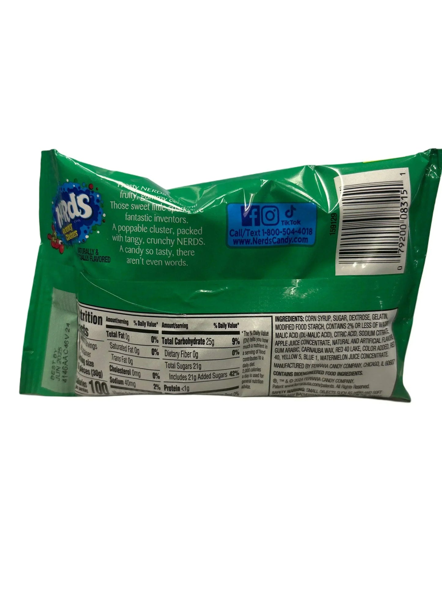 Back of green Nerds Gummy Clusters candy package showing nutrition and ingredients info