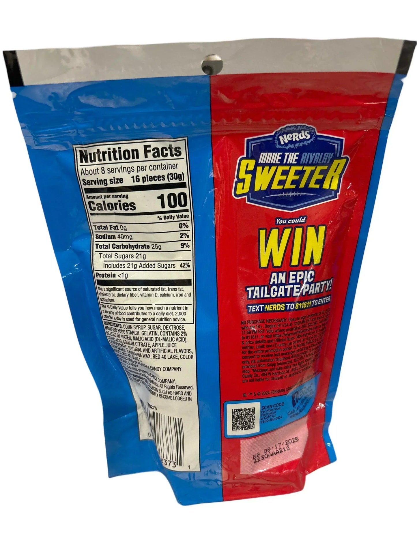 Back of Nerds candy bag showing nutrition facts, ingredients, and sweepstakes details