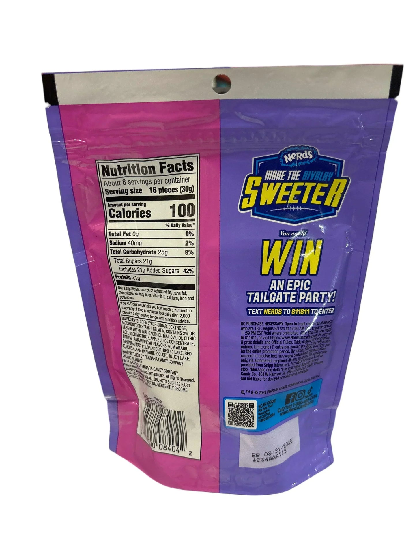 Back of Nerds candy bag with nutrition facts, sweepstakes details, and bright purple packaging
