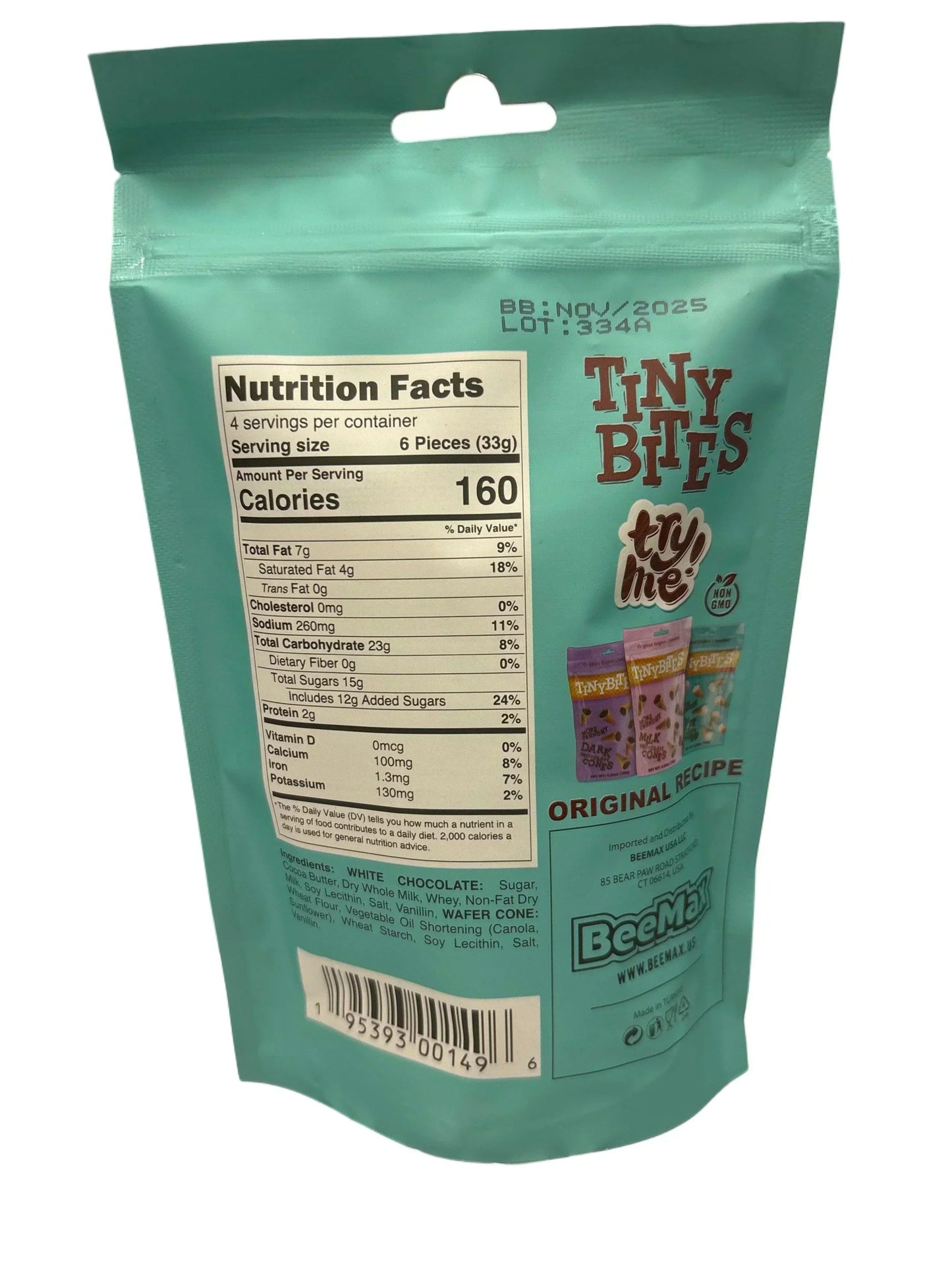 Back of Tiny Bites exotic snack bag showing nutrition facts, ingredients, and package design.