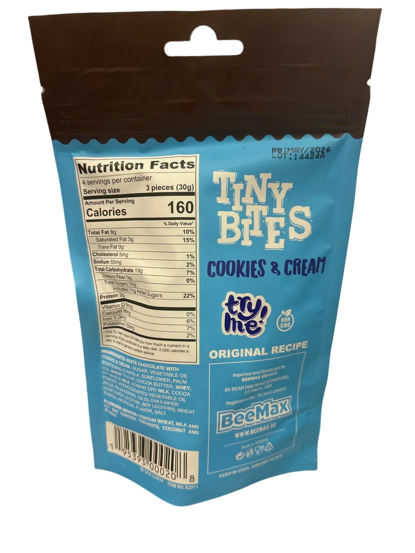 Back of Tiny Bites Cookies & Cream exotic snack bag with nutrition facts