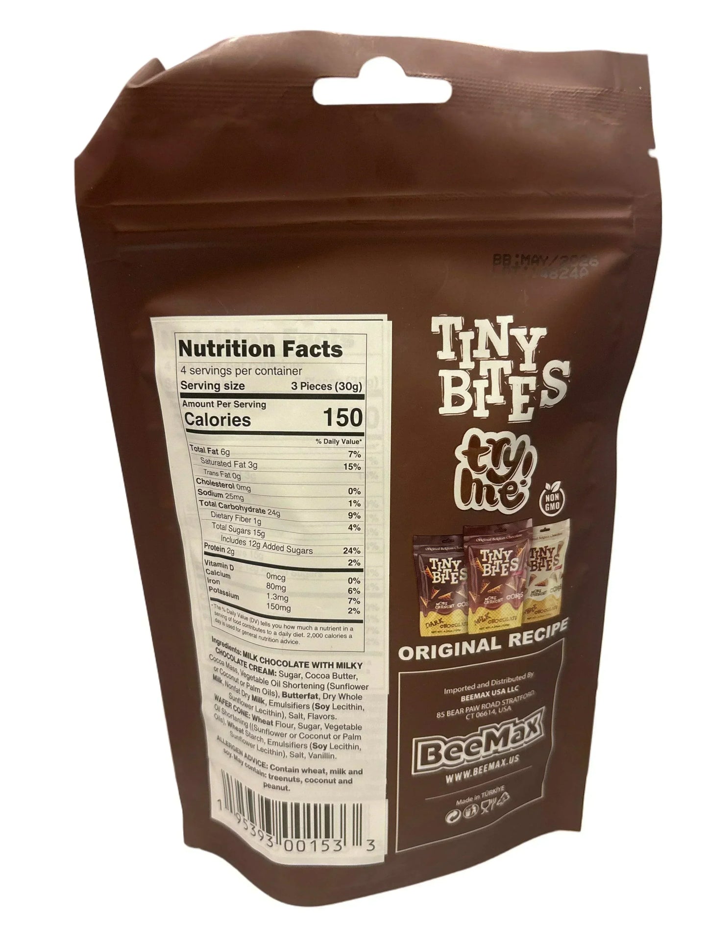 Back of Tiny Bites chocolate snack bag showing nutrition facts and ingredients label.