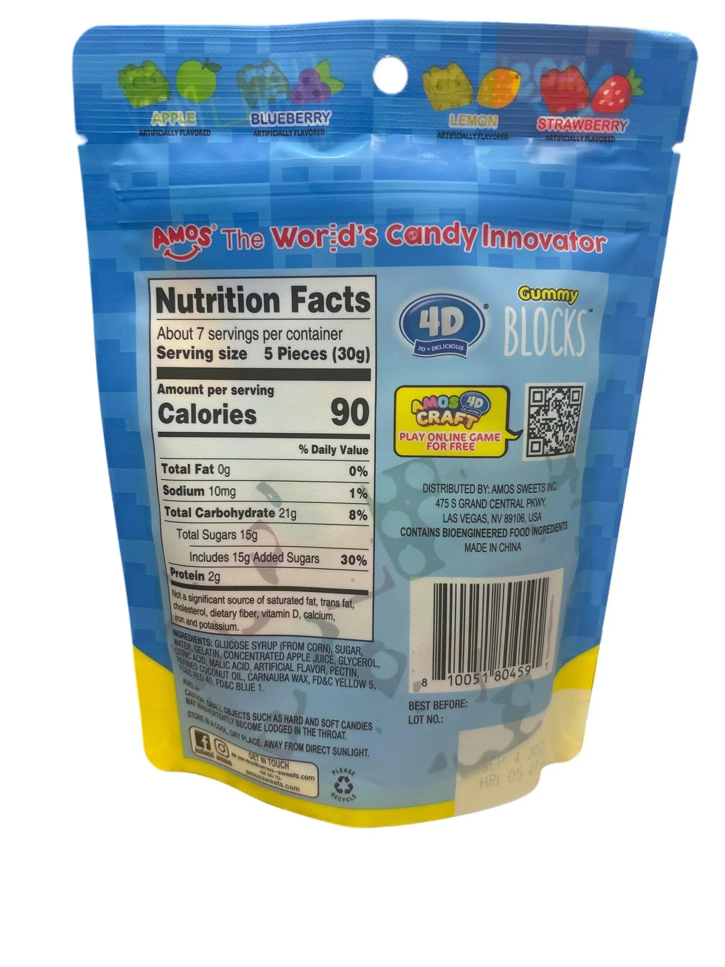 Back of a 4D Gummy Blocks candy bag showing nutrition facts, ingredients, and fruit flavors