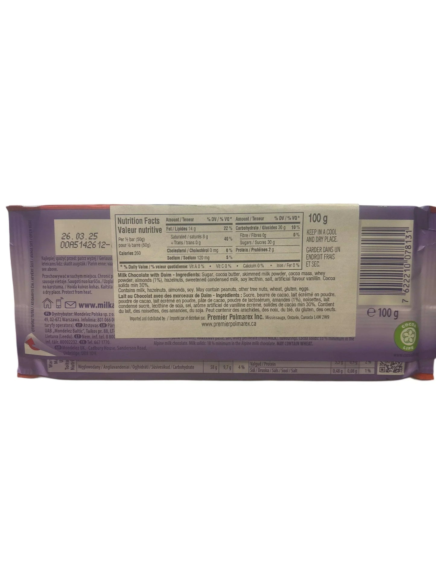Back of imported chocolate bar with nutritional facts, ingredients, and expiry date visible