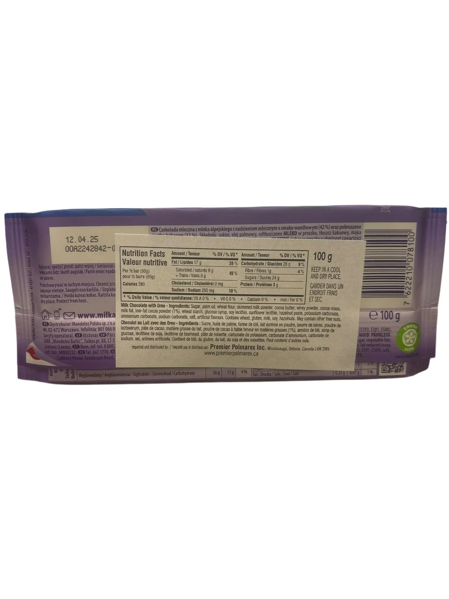 Back of imported milk chocolate bar with Oreo, showing nutrition facts and ingredients list.