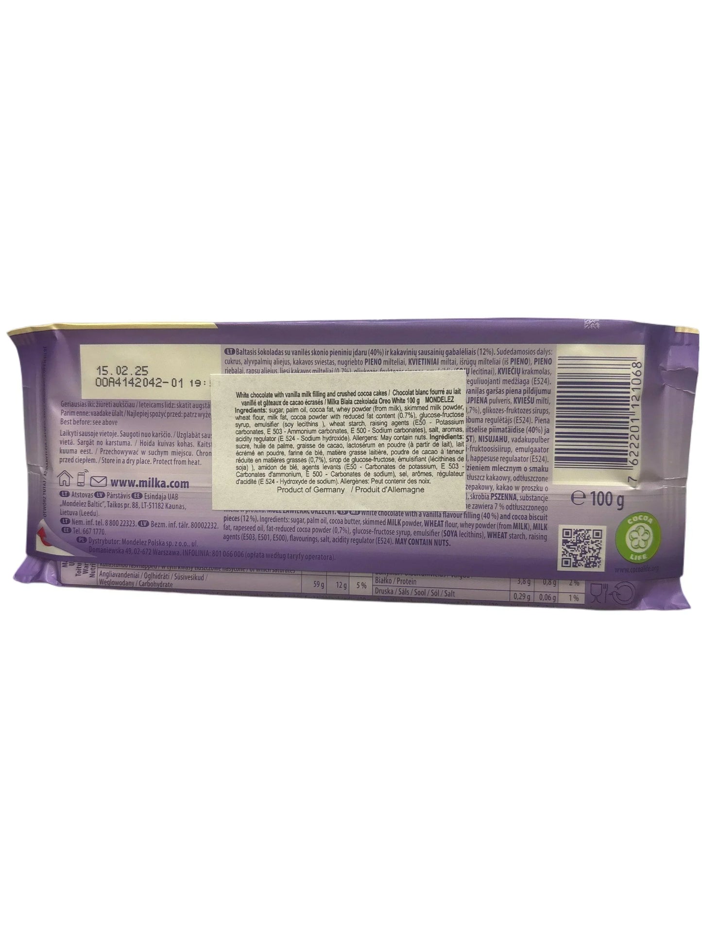 Back of Milka chocolate bar with ingredients, nutritional info, and barcode, on white background