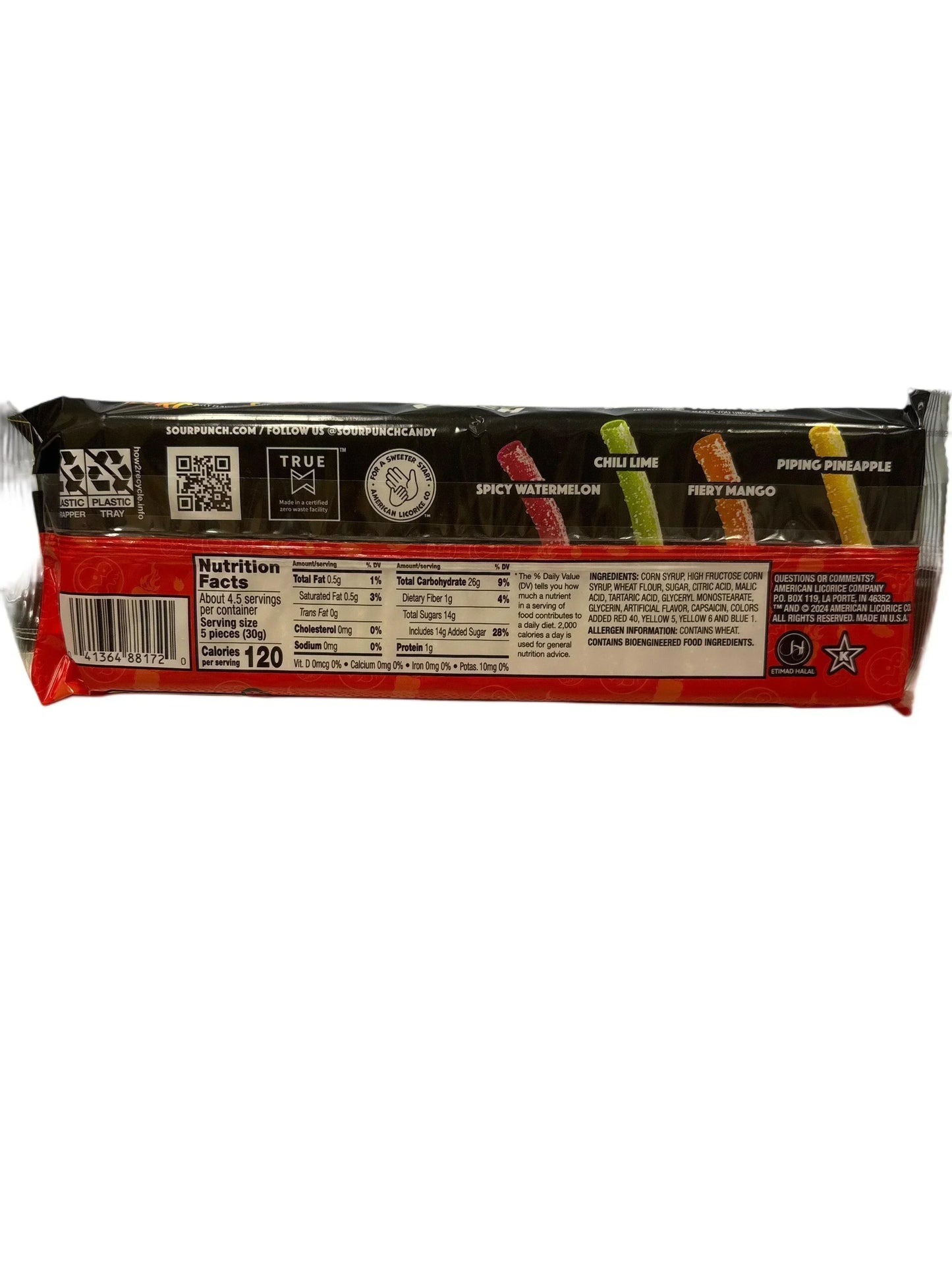 Back of exotic candy package showing nutrition facts and flavors: spicy watermelon, chili lime, fiery mango, and piping pineapple.