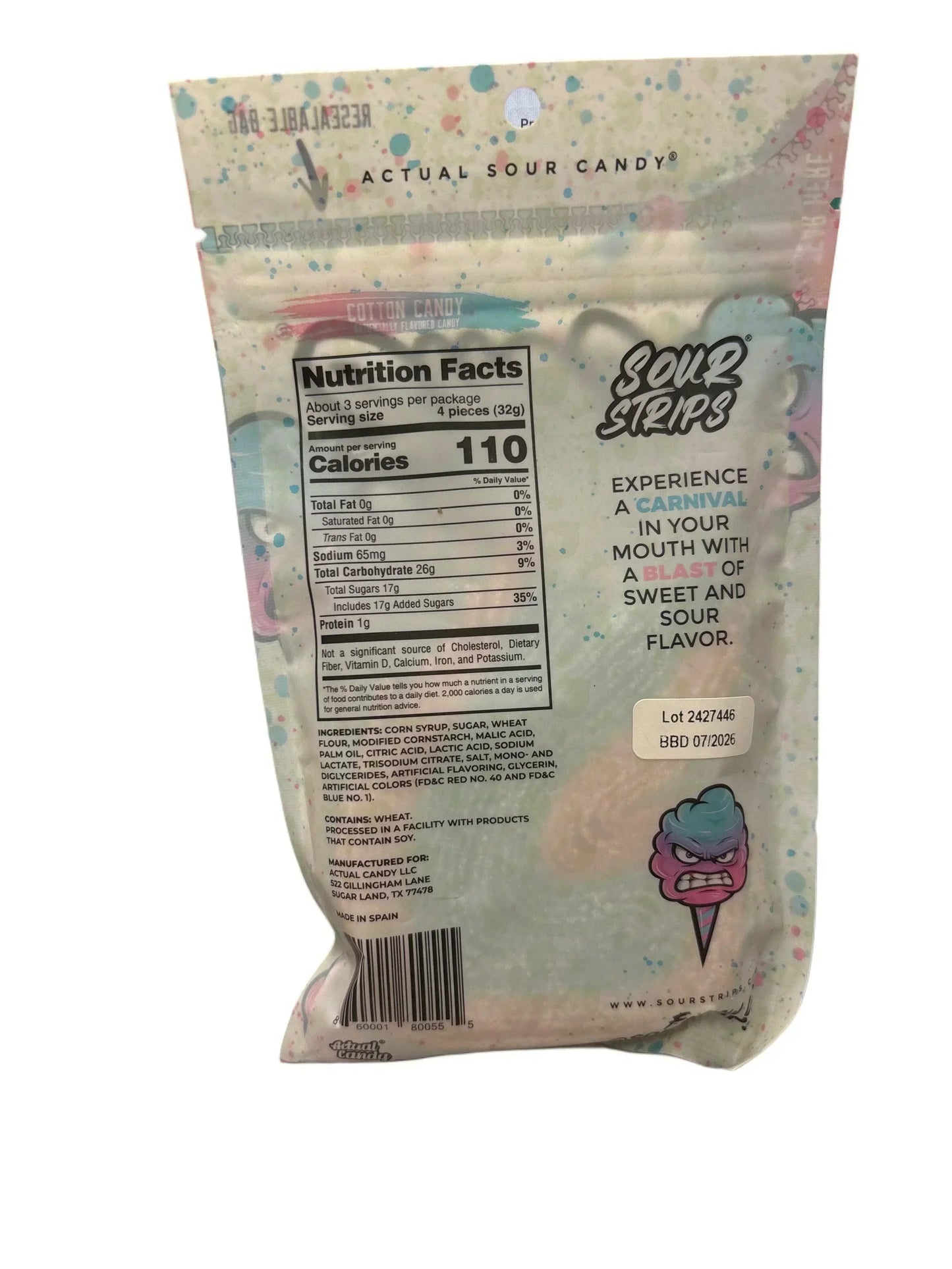 Back of Sour Strips cotton candy flavored sour candy bag with nutrition facts label.