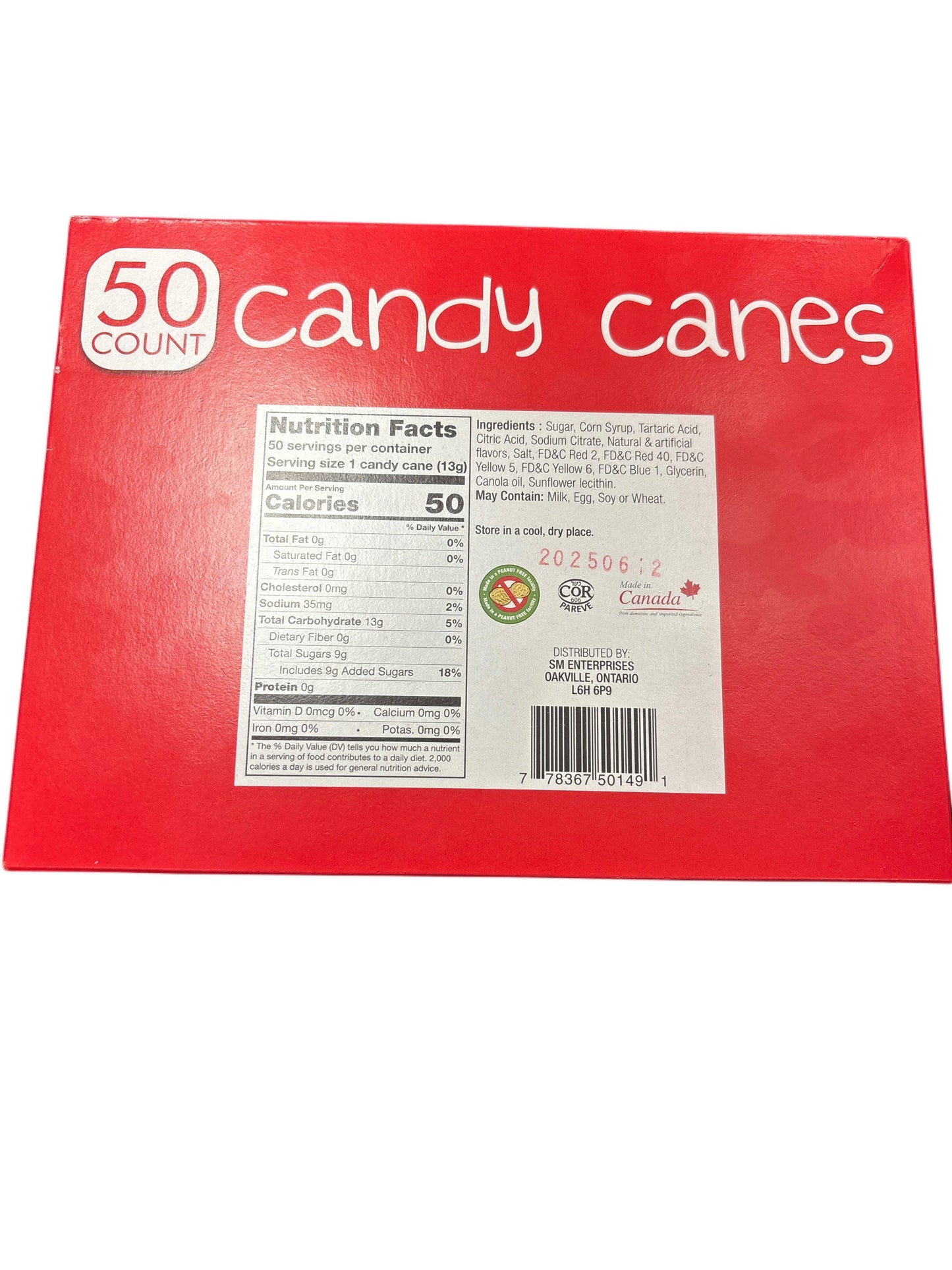 Red 50 count candy canes box with nutrition facts and ingredients label visible