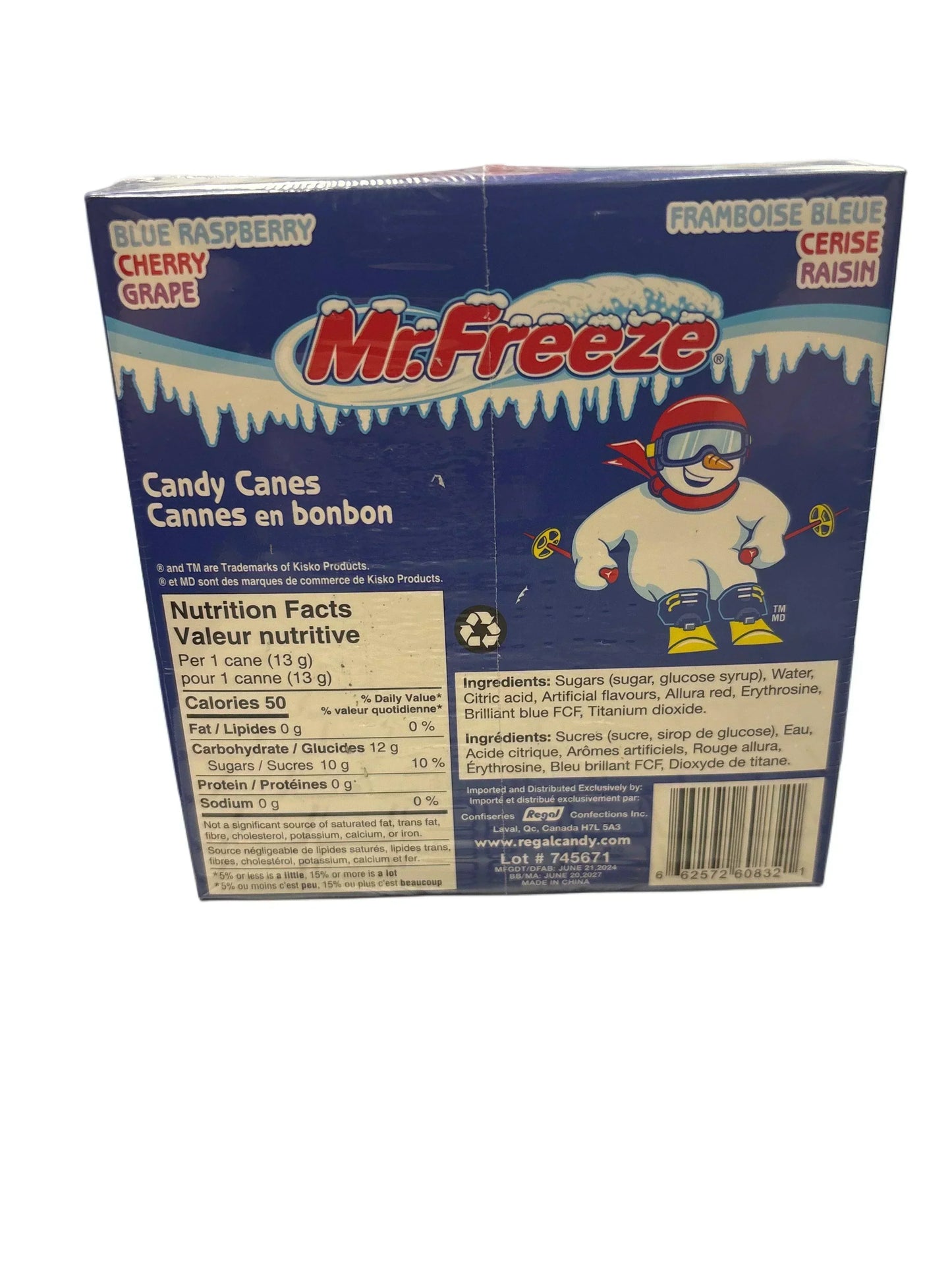Box of Mr. Freeze candy canes in blue raspberry, cherry, and grape flavors