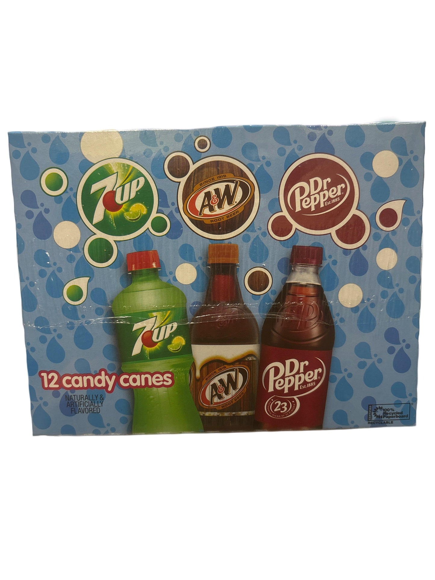 Box of soda-flavored candy canes featuring 7UP, A&W Root Beer, Dr Pepper bottles