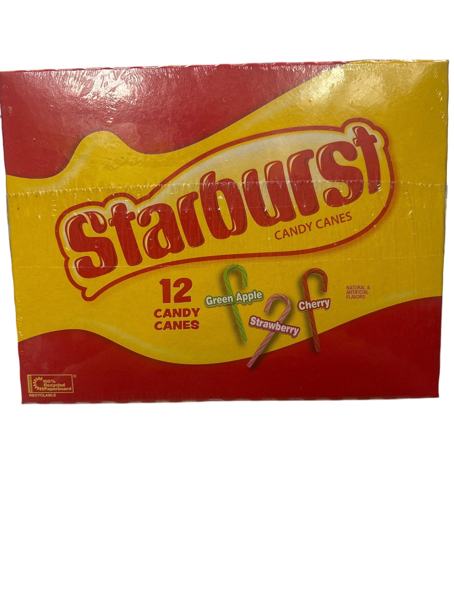 Starburst candy canes box with green apple, cherry, and strawberry flavors, 12 count