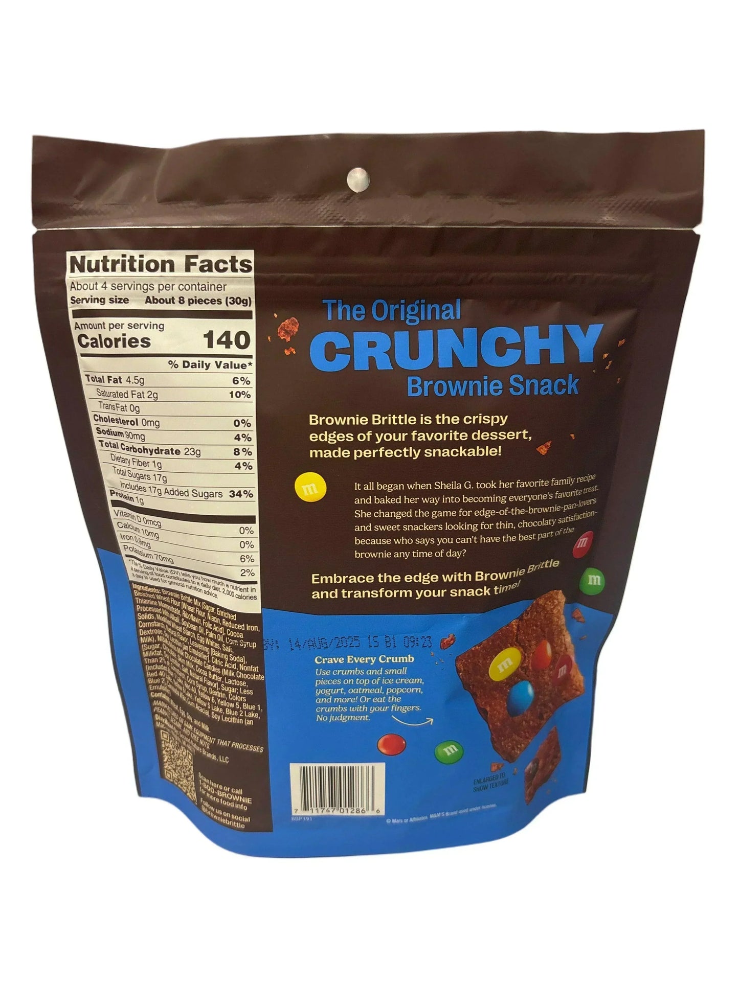 Back of a Brownie Brittle crunchy brownie snack bag with nutrition facts and product details