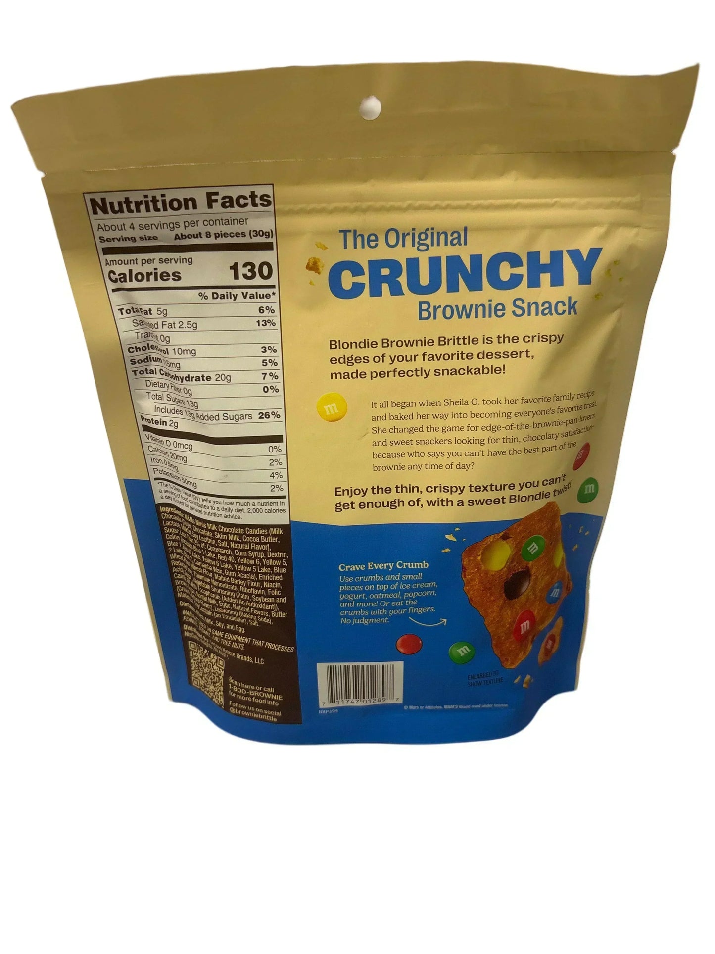 Back of Crunchy Brownie Snack Blondie Brownie Brittle bag with nutrition facts and product description