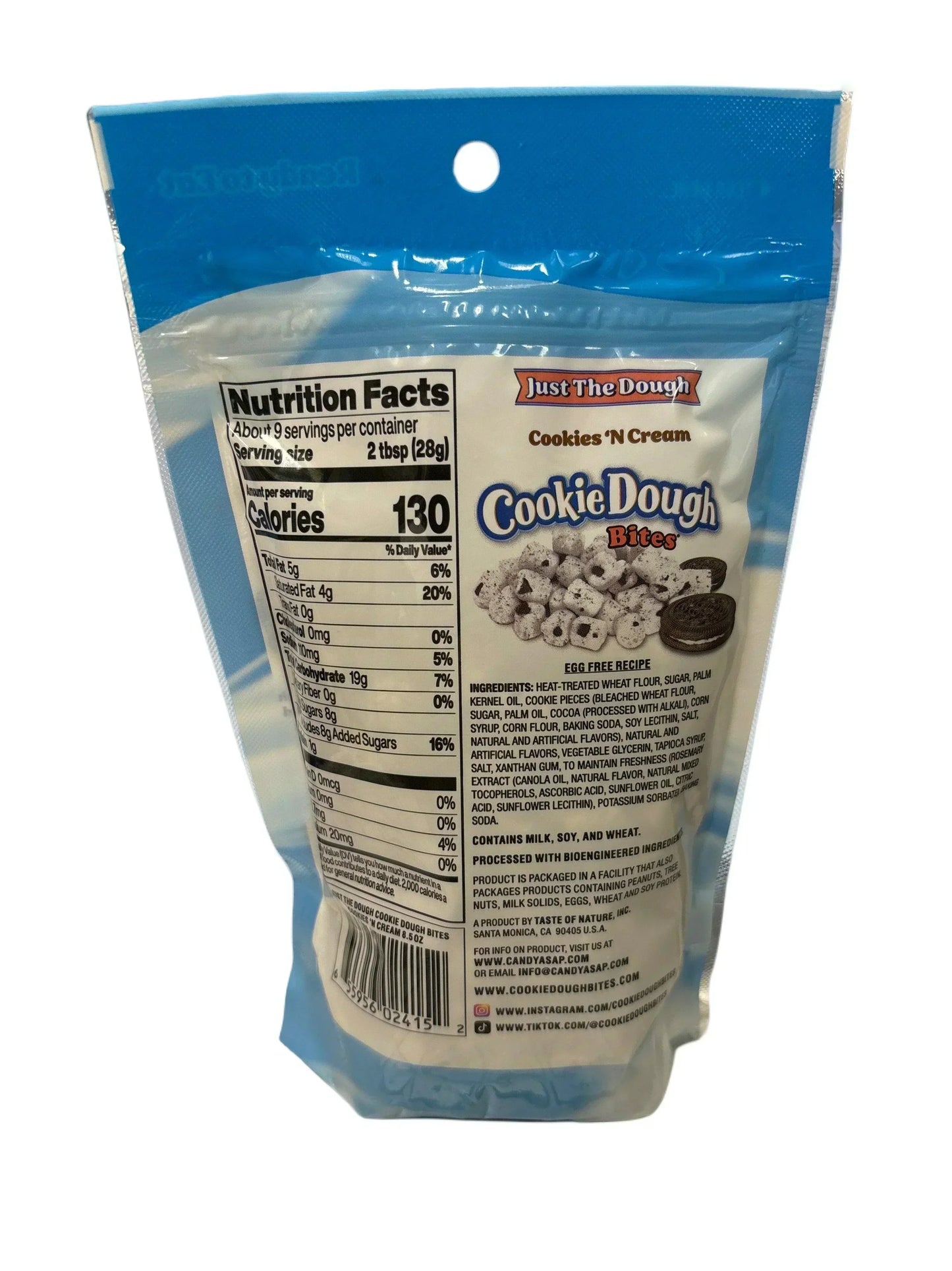 Back of Cookie Dough Bites Cookies 'N Cream snack bag with nutrition facts and ingredients