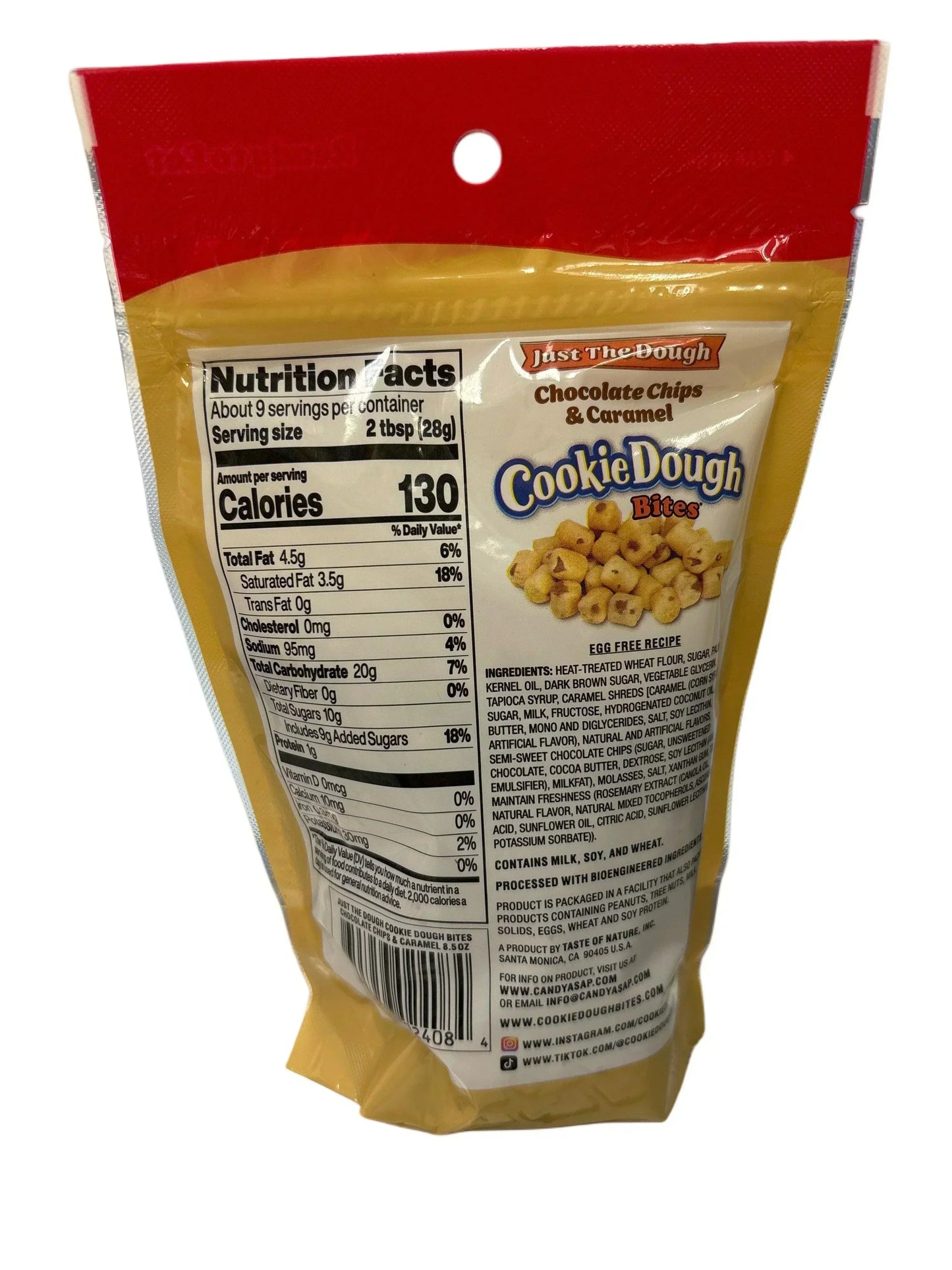 Back of Cookie Dough Bites chocolate chips caramel snack package with nutrition facts and ingredients.
