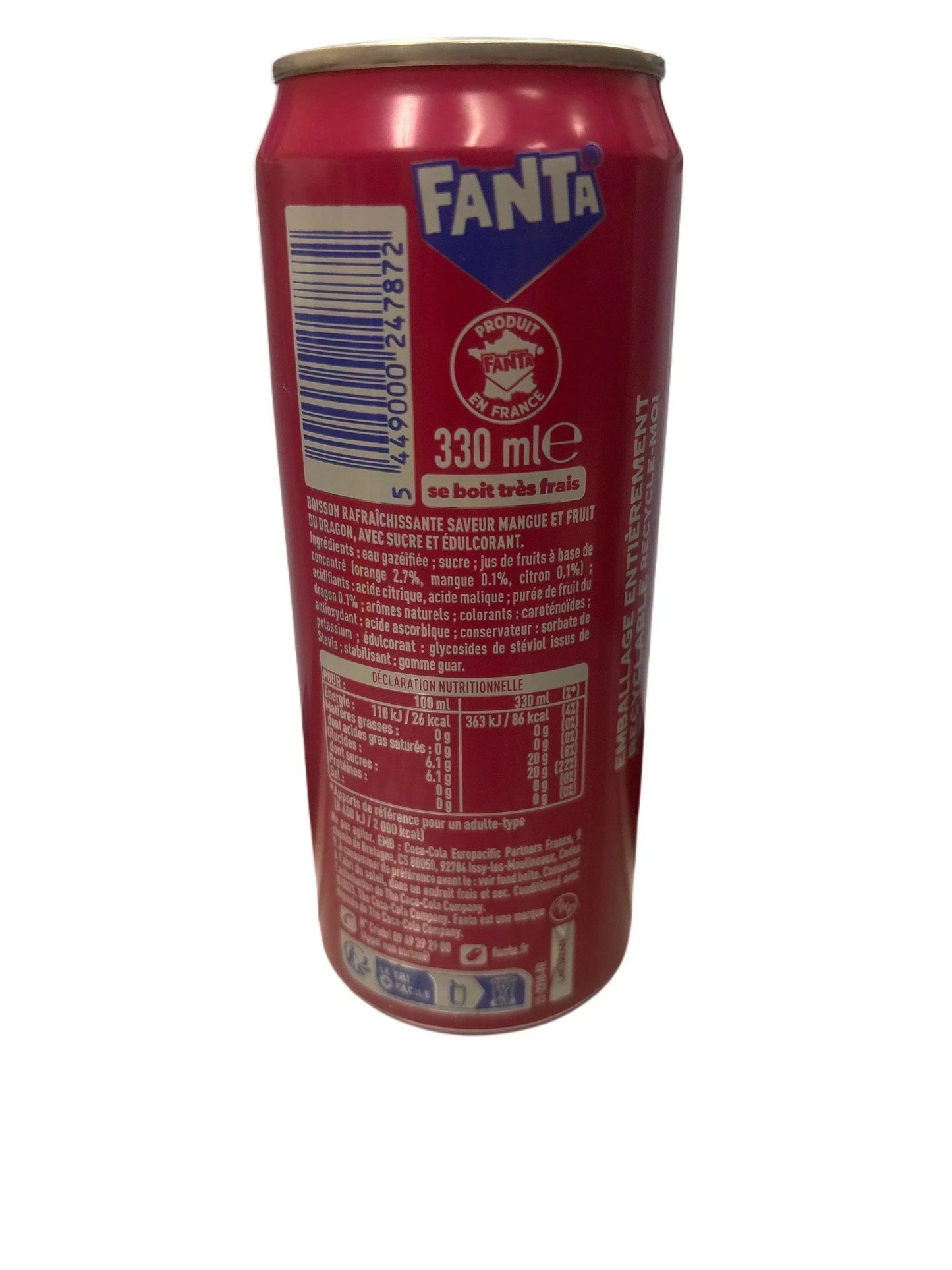 Fanta mango dragon fruit soda can, 330ml, exotic imported drink, on white background