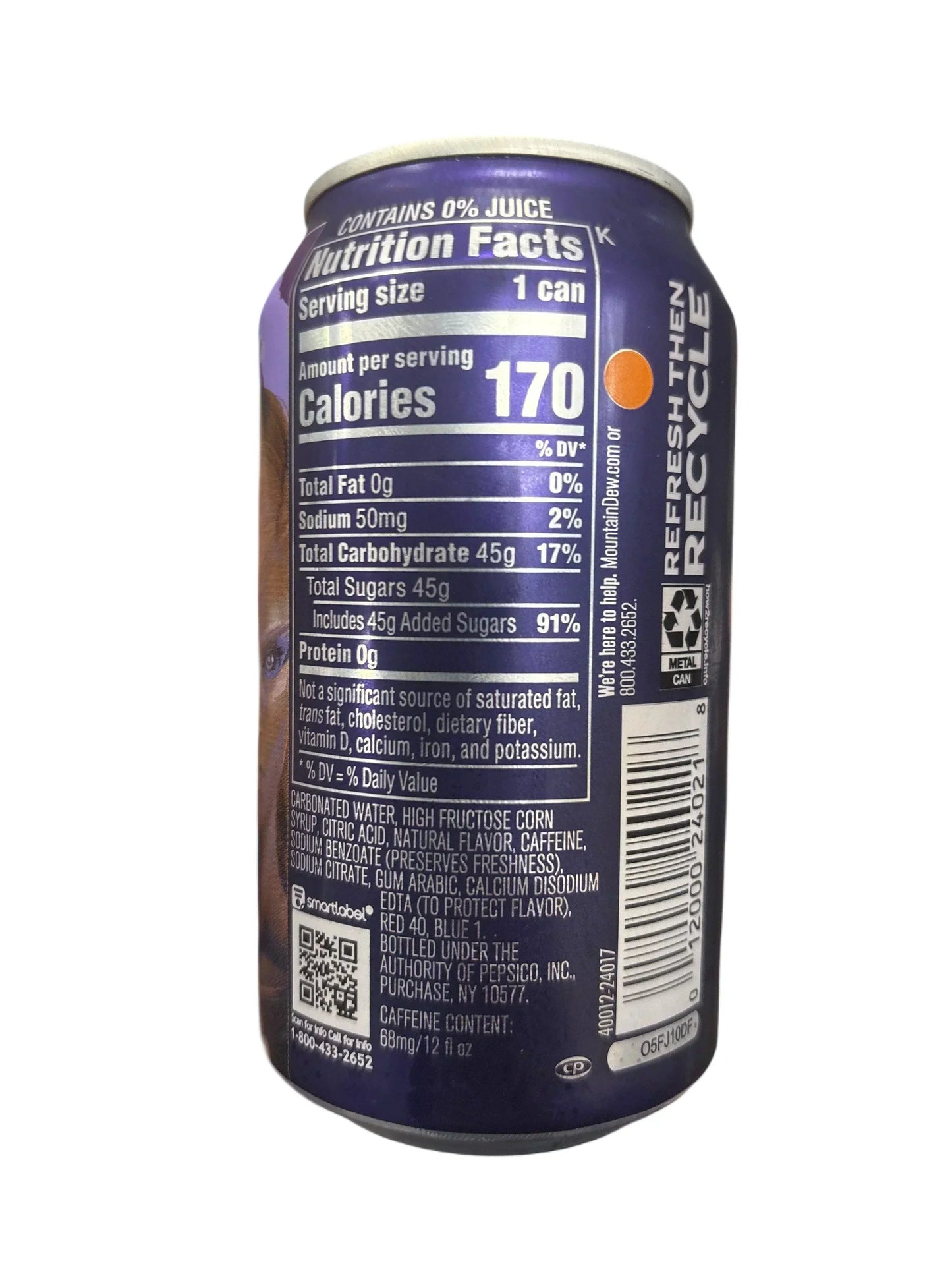 Close-up of exotic soda can nutrition facts and ingredients label