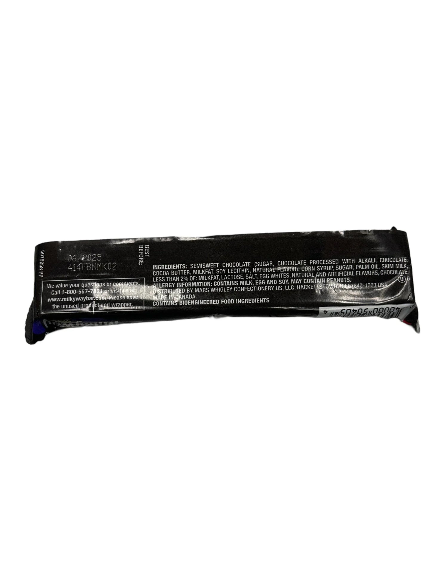 Back of a chocolate bar wrapper showing ingredients and nutrition information on a white background