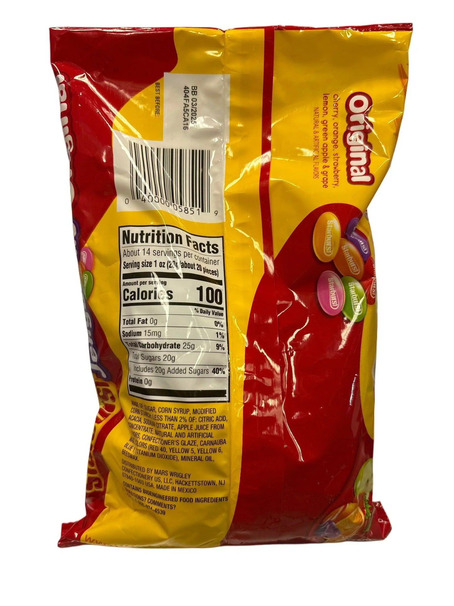 Back of Skittles Original candy bag with nutrition facts and colorful candy details