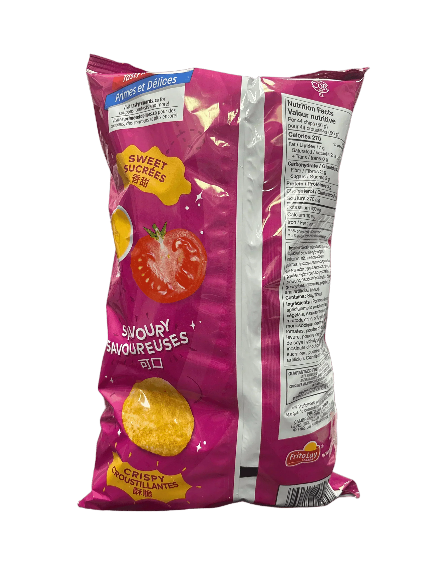 Back of imported potato chips bag with pink packaging, tomato graphic, and nutrition facts